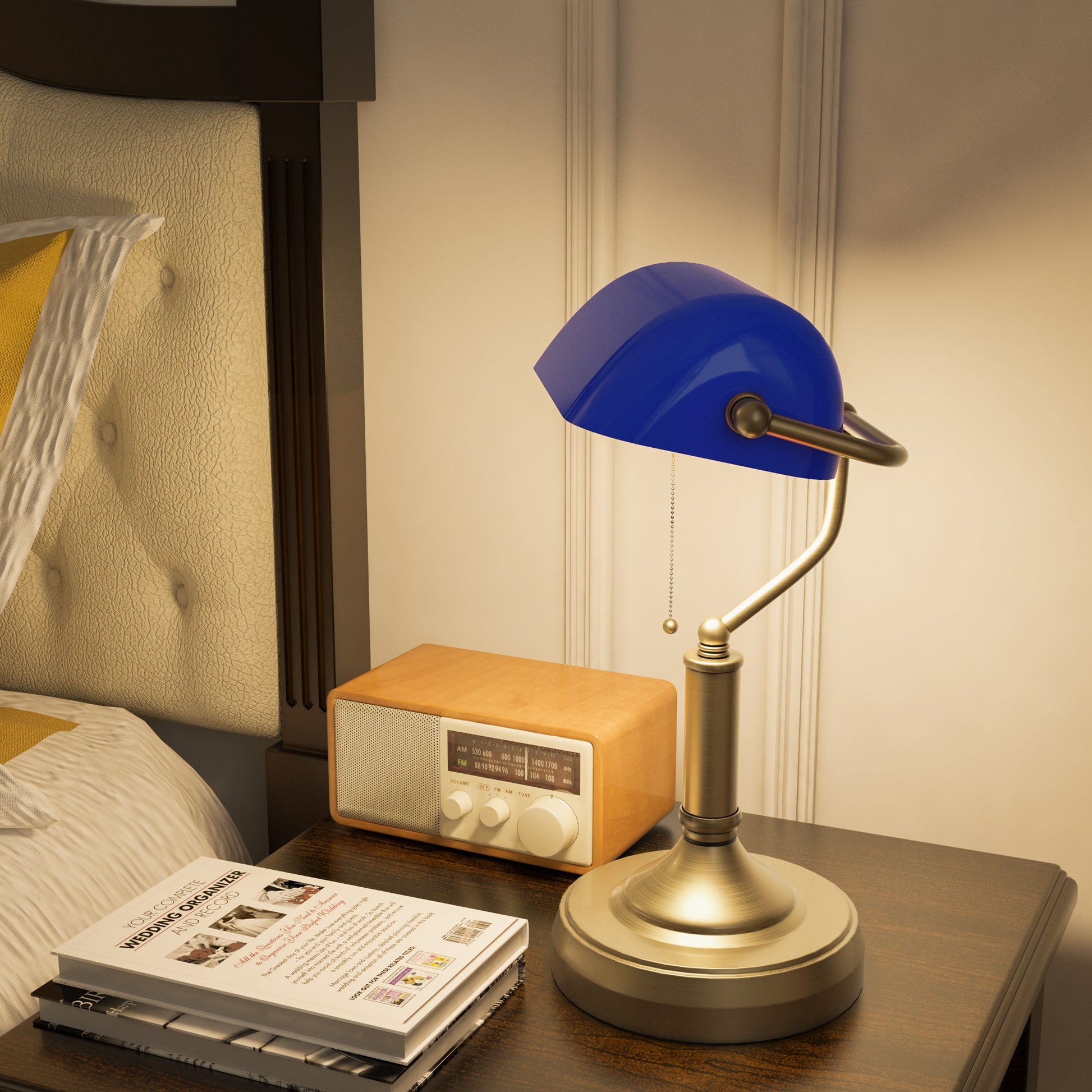 HOMCOM Banker's Table Lamp Desk Lamp with Antique Bronze Tone Base, Blue Glass Shade and Pull Rope Switch for Home Office, Living Room, Bedroom, Dining Room, Blue