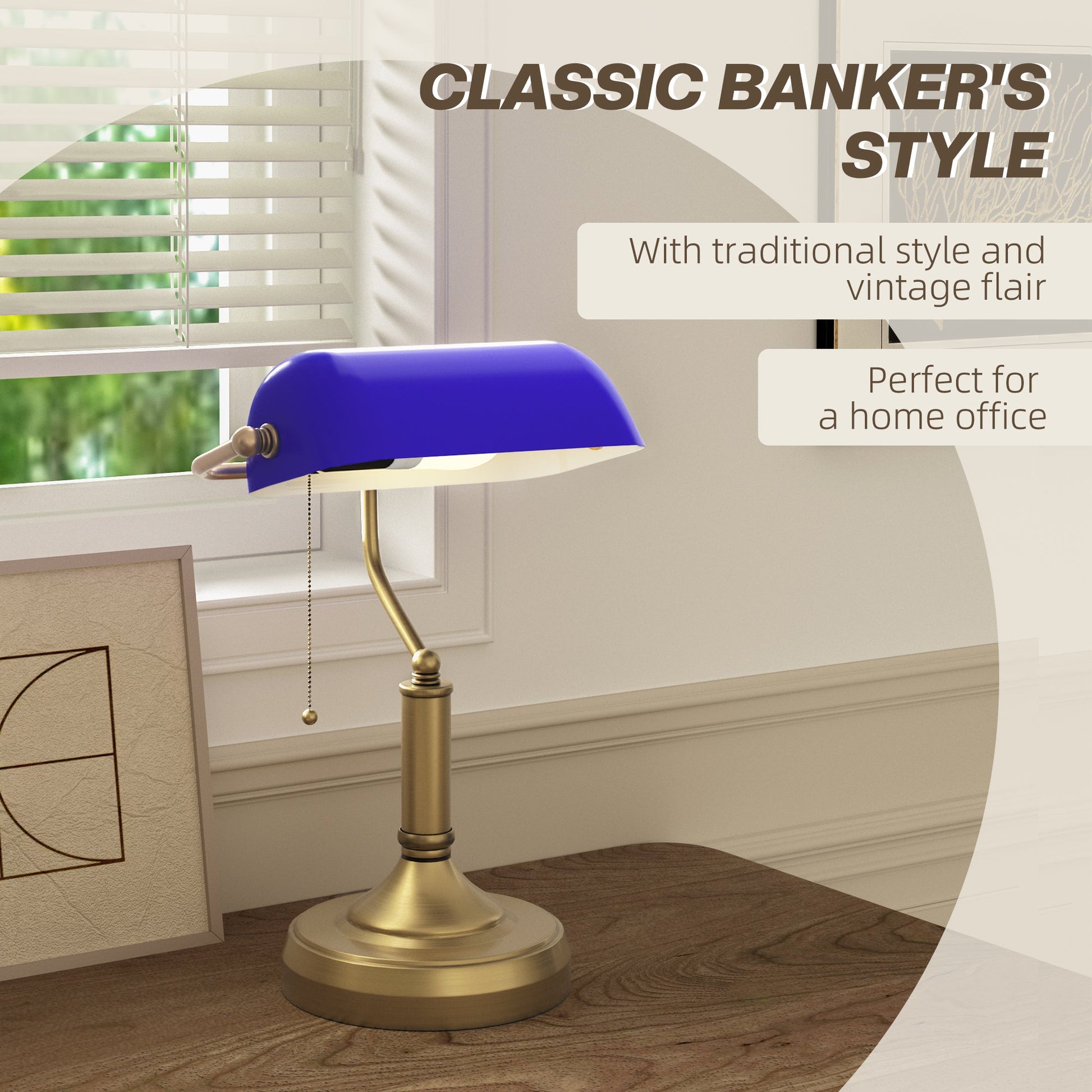 HOMCOM Banker's Table Lamp Desk Lamp with Antique Bronze Tone Base, Blue Glass Shade and Pull Rope Switch for Home Office, Living Room, Bedroom, Dining Room, Blue