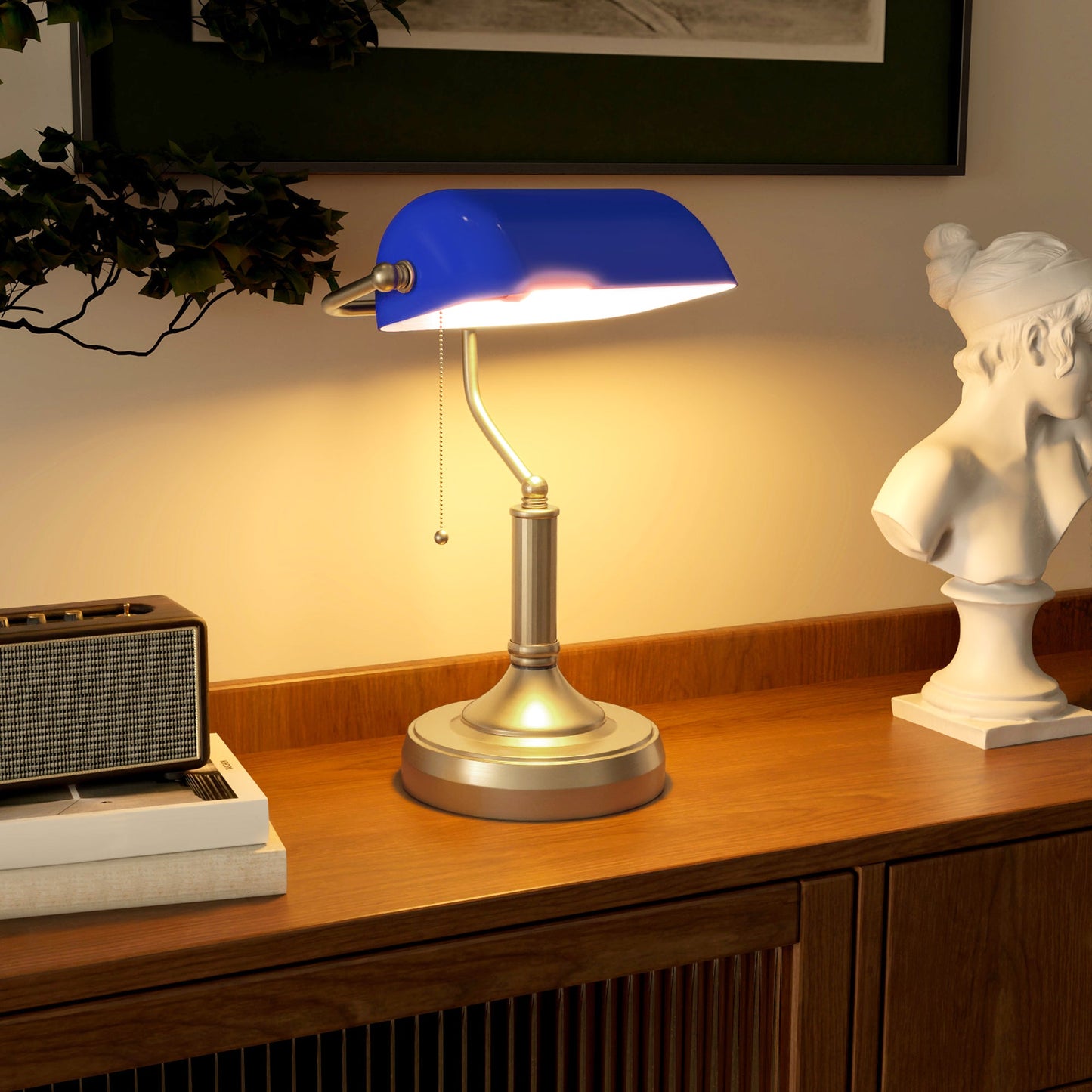 HOMCOM Banker's Table Lamp Desk Lamp with Antique Bronze Tone Base, Blue Glass Shade and Pull Rope Switch for Home Office, Living Room, Bedroom, Dining Room, Blue