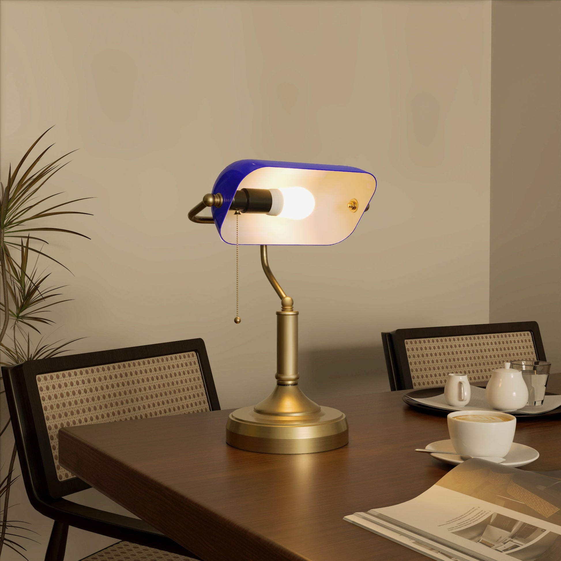 HOMCOM Banker's Table Lamp Desk Lamp with Antique Bronze Tone Base, Blue Glass Shade and Pull Rope Switch for Home Office, Living Room, Bedroom, Dining Room, Blue