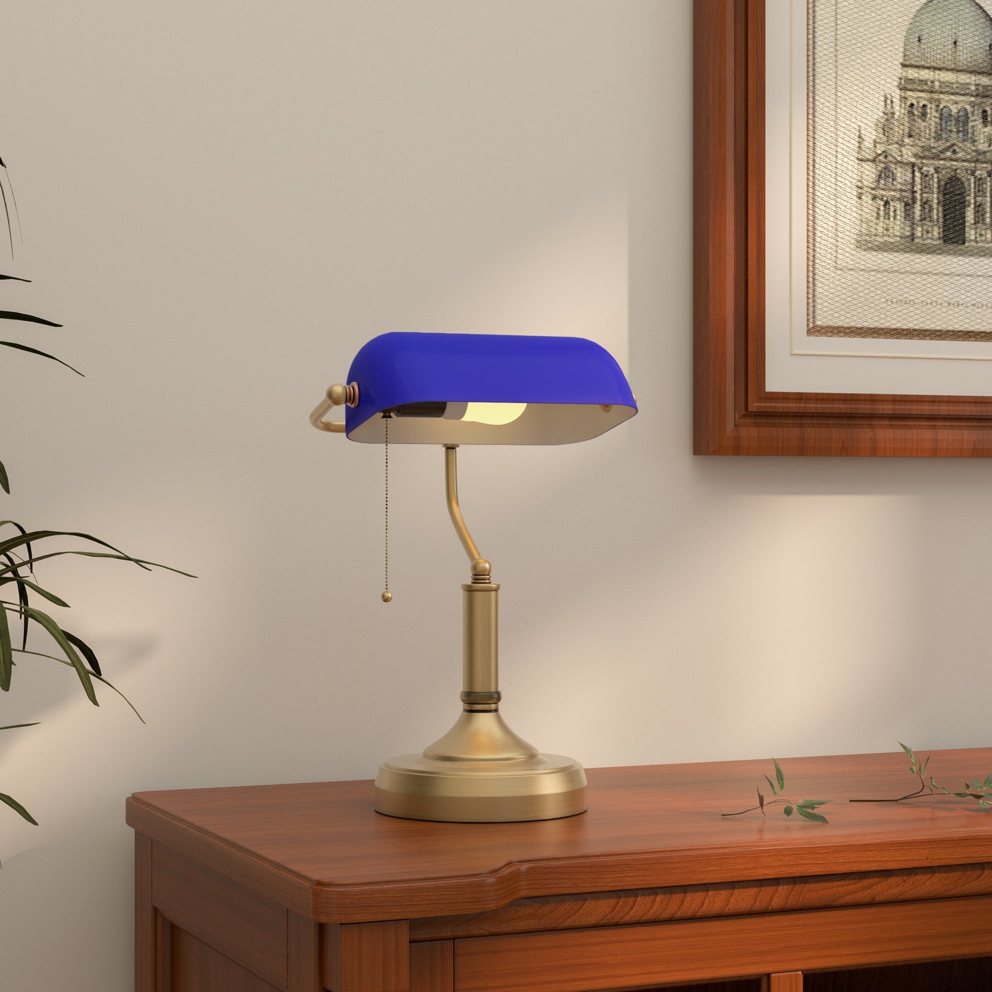 HOMCOM Banker's Table Lamp Desk Lamp with Antique Bronze Tone Base, Blue Glass Shade and Pull Rope Switch for Home Office, Living Room, Bedroom, Dining Room, Blue