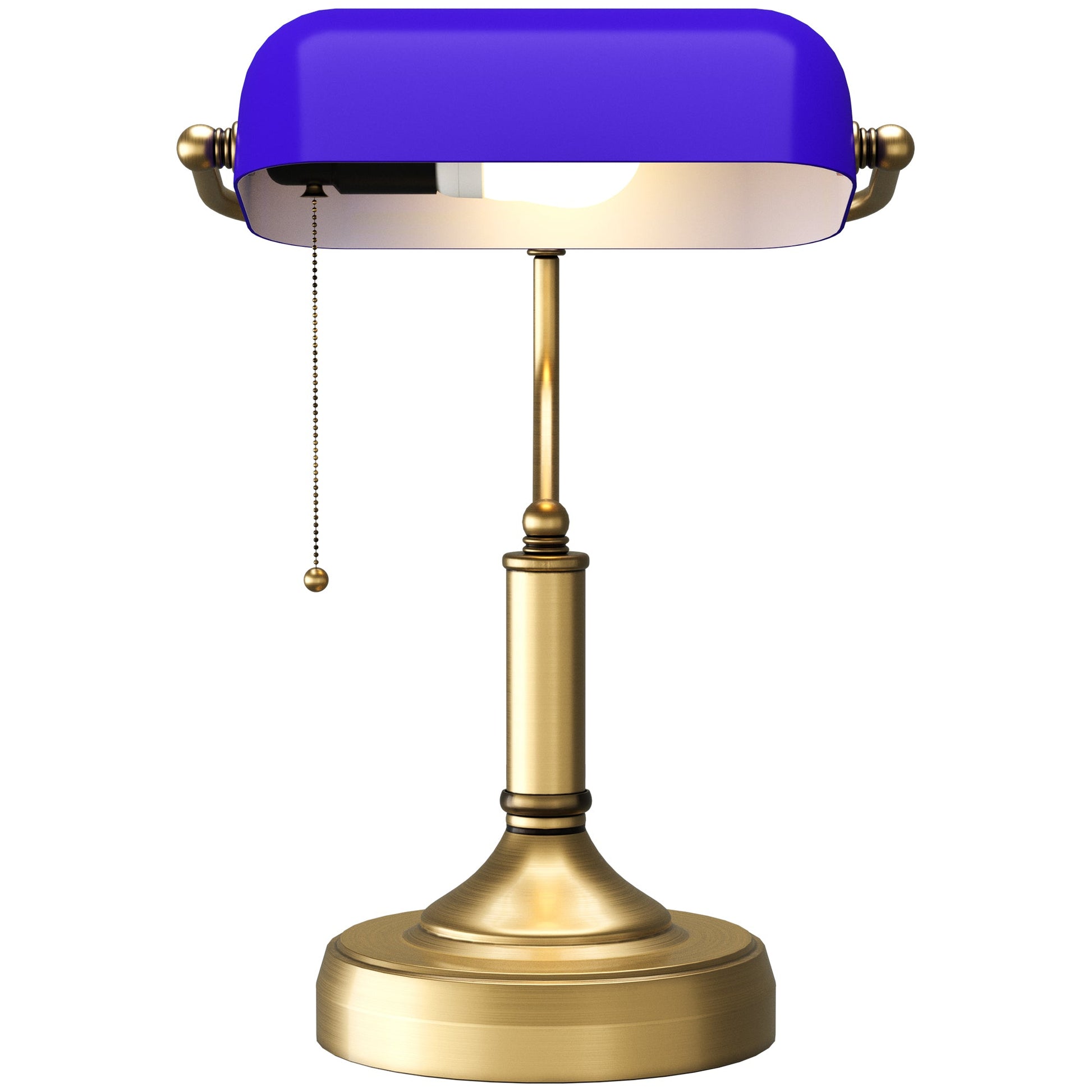 HOMCOM Banker's Table Lamp Desk Lamp with Antique Bronze Tone Base, Blue Glass Shade and Pull Rope Switch for Home Office, Living Room, Bedroom, Dining Room, Blue