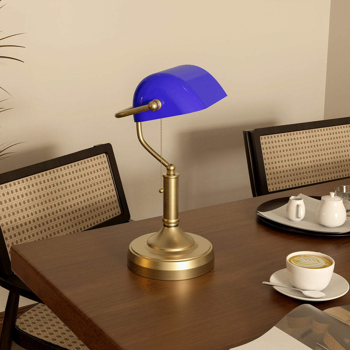 HOMCOM Banker's Table Lamp Desk Lamp with Antique Bronze Tone Base, Blue Glass Shade and Pull Rope Switch for Home Office, Living Room, Bedroom, Dining Room, Blue