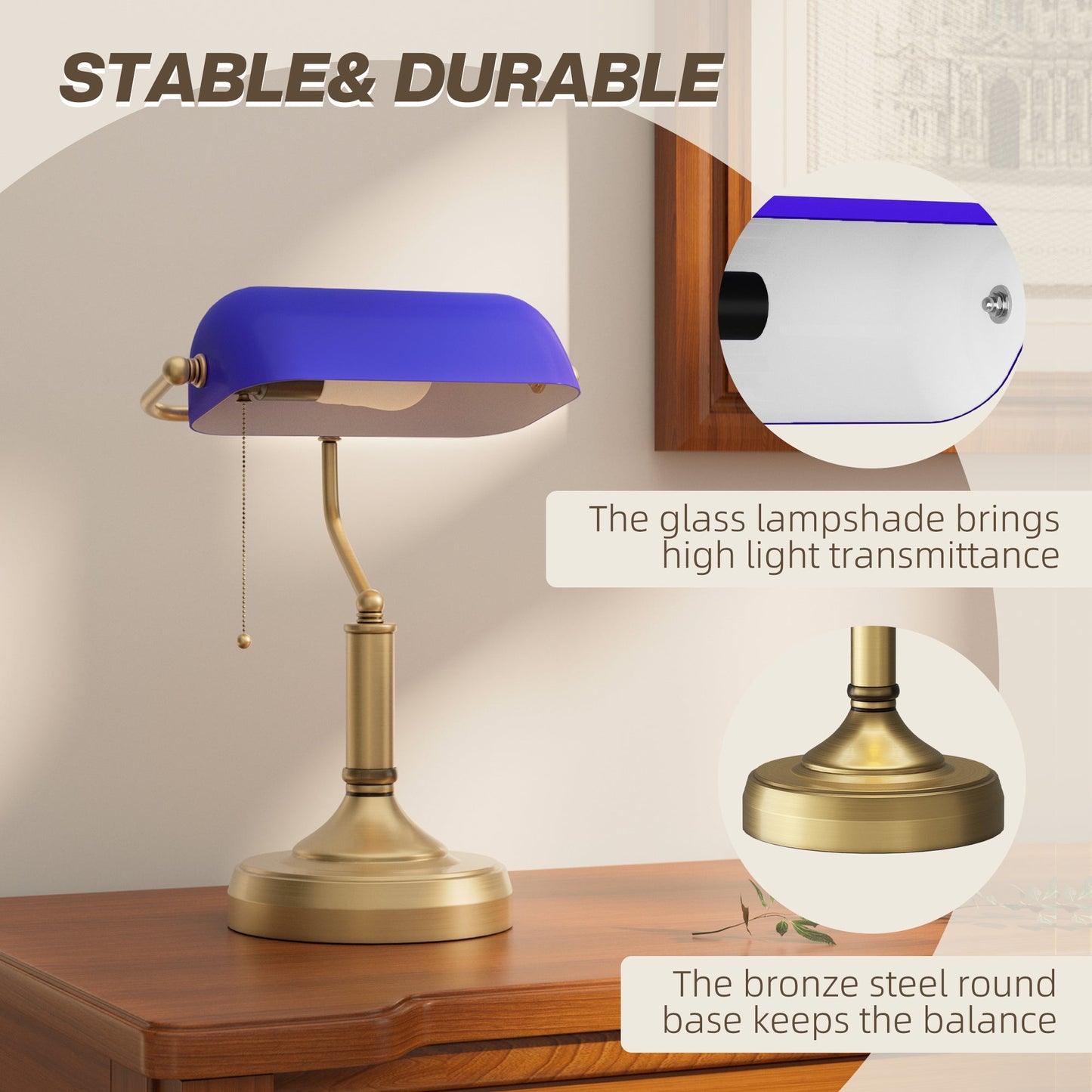 HOMCOM Banker's Table Lamp Desk Lamp with Antique Bronze Tone Base, Blue Glass Shade and Pull Rope Switch for Home Office, Living Room, Bedroom, Dining Room, Blue