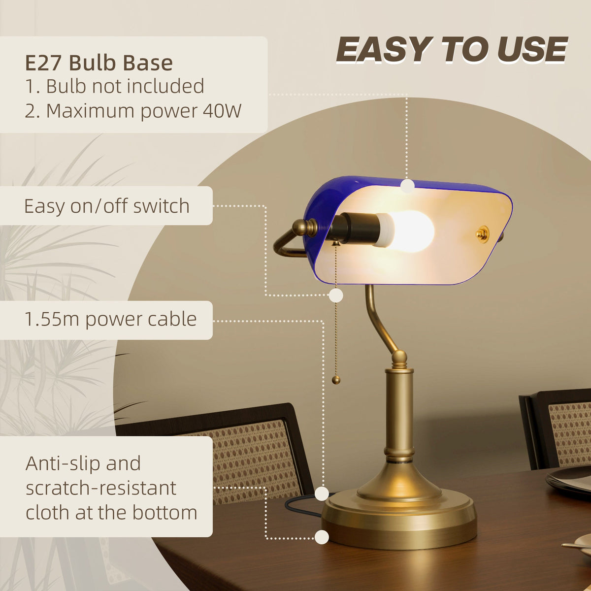 HOMCOM Banker's Table Lamp Desk Lamp with Antique Bronze Tone Base, Blue Glass Shade and Pull Rope Switch for Home Office, Living Room, Bedroom, Dining Room, Blue