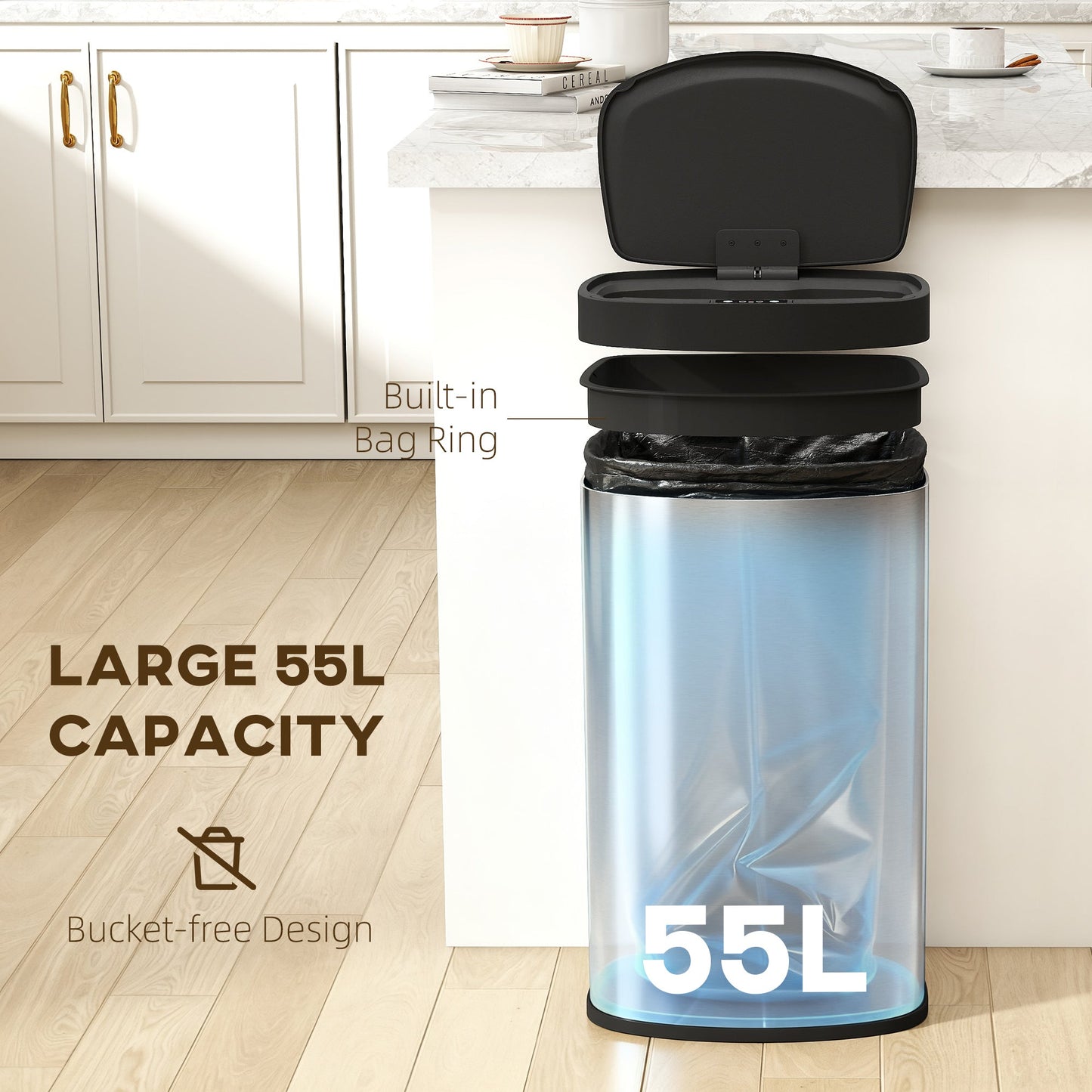 55L Sensor Bin with Soft-Close Lid, Automatic Touchless Motion Sensor Kitchen Bin with Fingerprint Resistant Stainless Steel for Hygienic Gyms, Home Office Use, Silver Tone