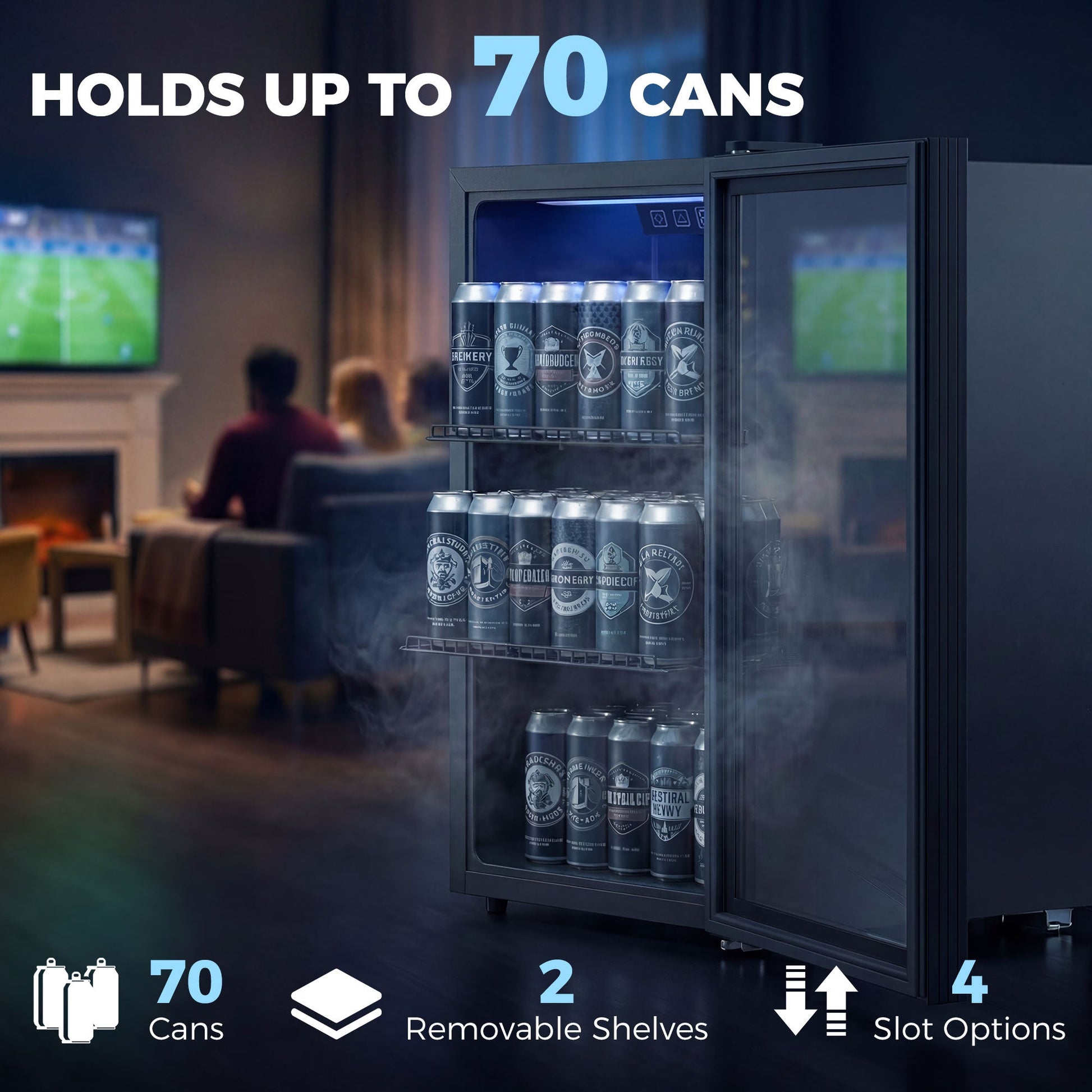 70L Drinks Fridge, 70 Can Under Counter Freestanding Beer Fridge with Double-Layer Glass Door, Wine Cooler with LED Light, Adjustable Shelves, Beverage Cooler for Soda Beer, Home Office