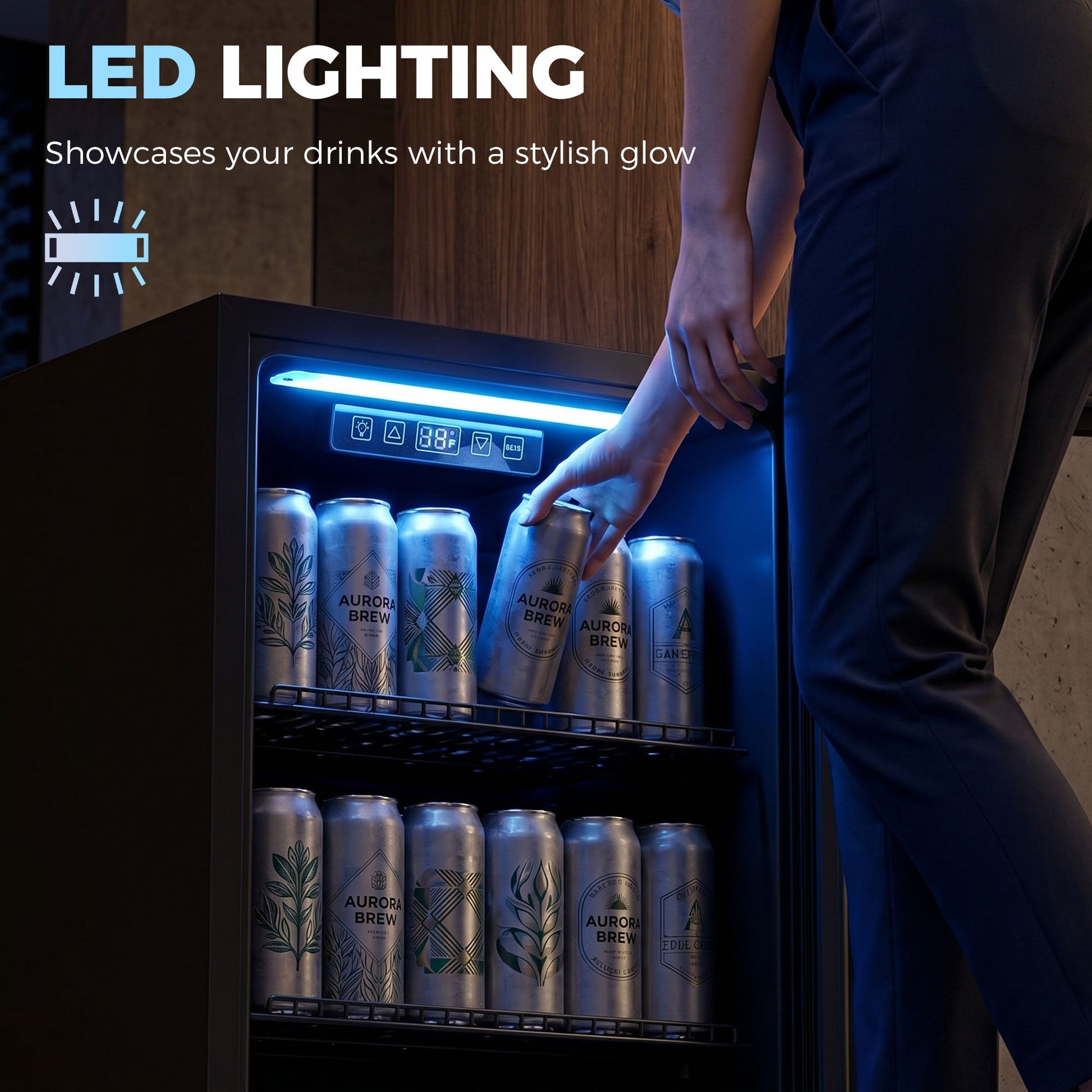 70L Drinks Fridge, 70 Can Under Counter Freestanding Beer Fridge with Double-Layer Glass Door, Wine Cooler with LED Light, Adjustable Shelves, Beverage Cooler for Soda Beer, Home Office