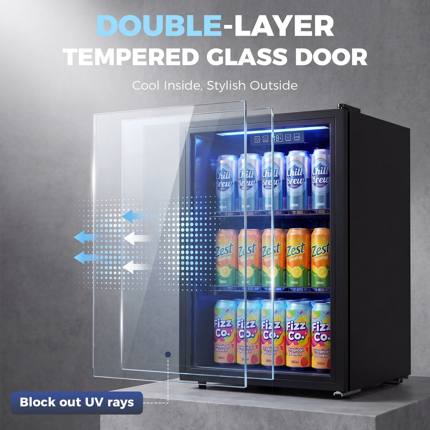 70L Drinks Fridge, 70 Can Under Counter Freestanding Beer Fridge with Double-Layer Glass Door, Wine Cooler with LED Light, Adjustable Shelves, Beverage Cooler for Soda Beer, Home Office