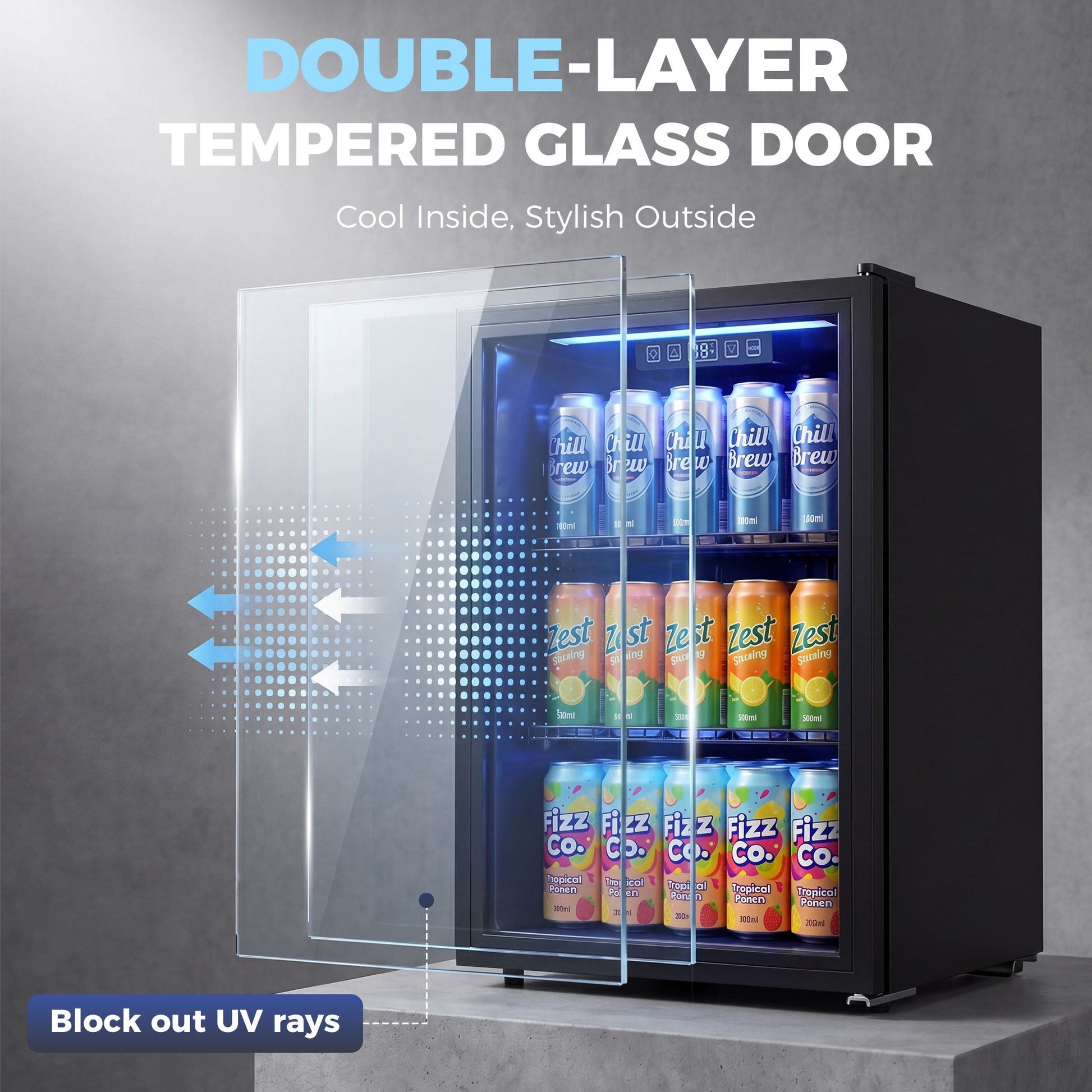 70L Drinks Fridge, 70 Can Under Counter Freestanding Beer Fridge with Double-Layer Glass Door, Wine Cooler with LED Light, Adjustable Shelves, Beverage Cooler for Soda Beer, Home Office