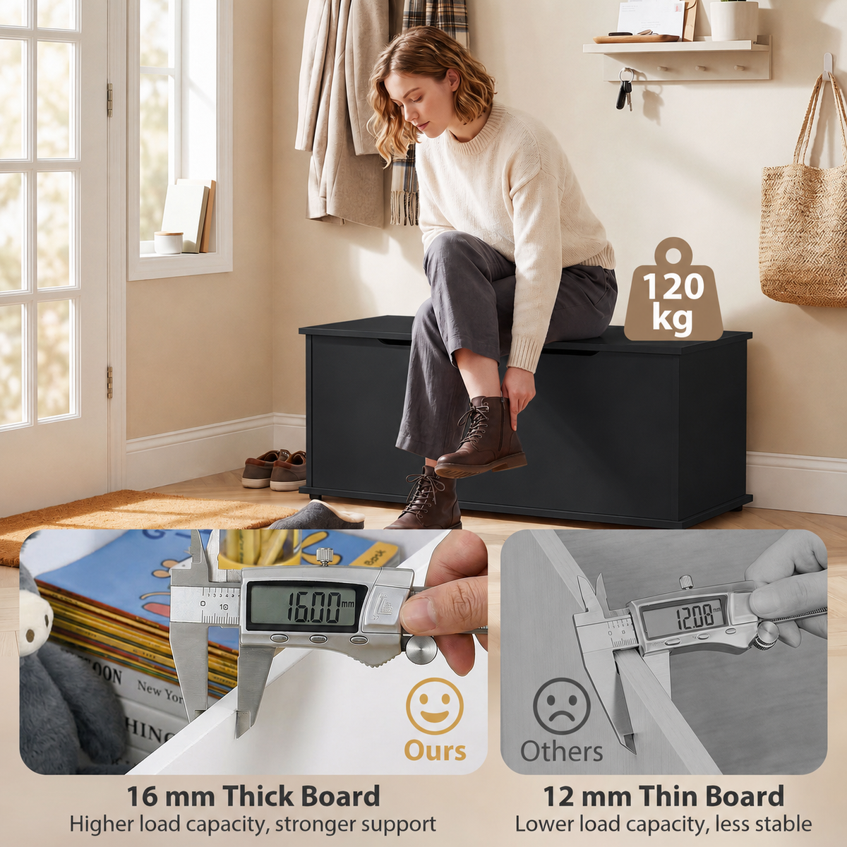 113L Storage Chest with Flip-Top Lid and 2 Safety Hinges for Living Room, Entryway, Black