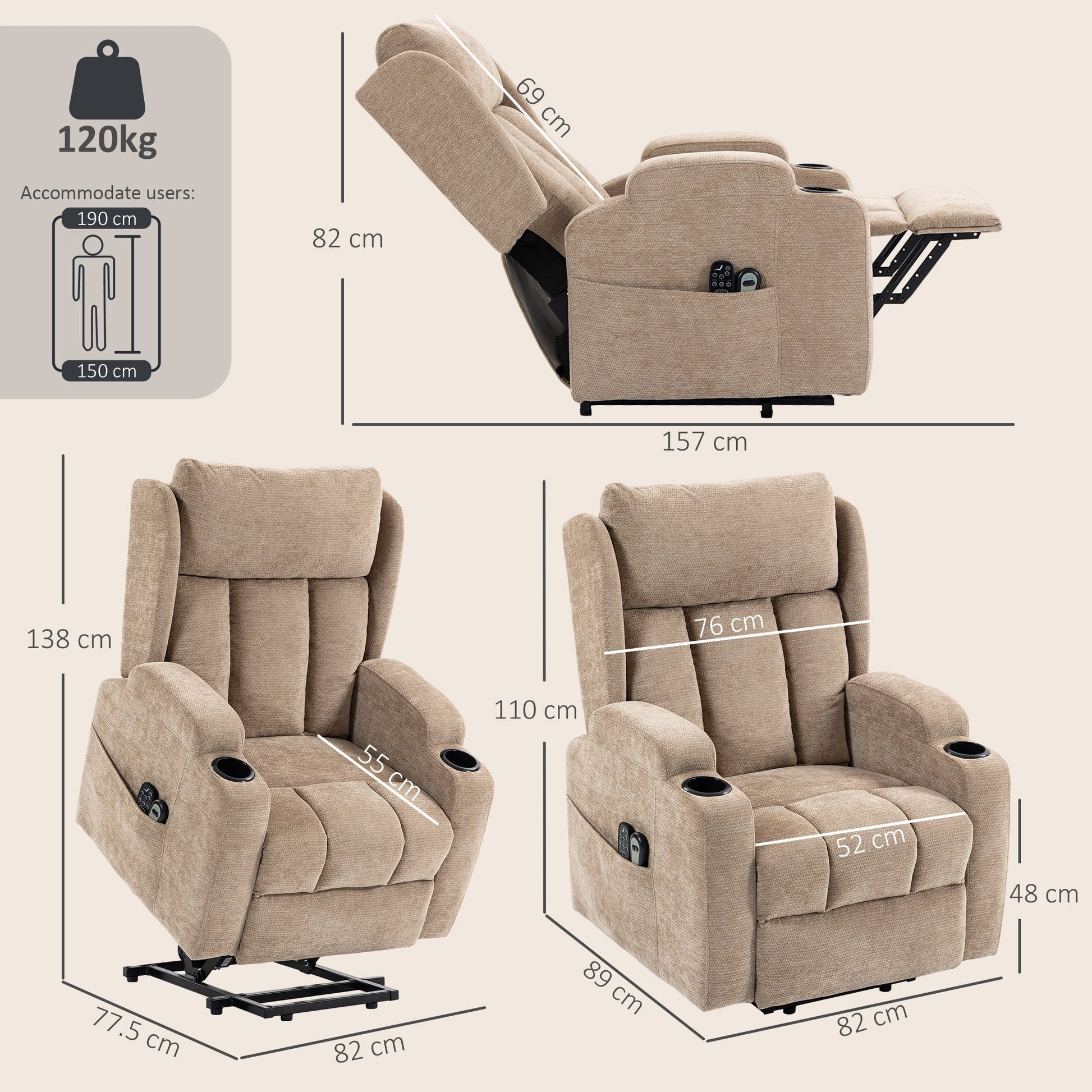 Power Lift Recliner Chair with Vibration Massage and Heat, Chenille Riser and Recliner Armchair for Elderly with Folding Headrest, Spring Cushion, Wide and High Back, Cup Holders, Remote, Brown