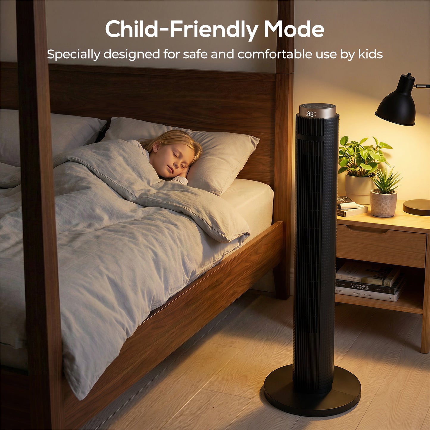 Tower Fan, Standing Floor Fan with Remote Control, WiFi App Control, 65° Oscillating, 3 Speed 4 Modes, 12 Hour Timer and Night Light for Bedroom Office, Black