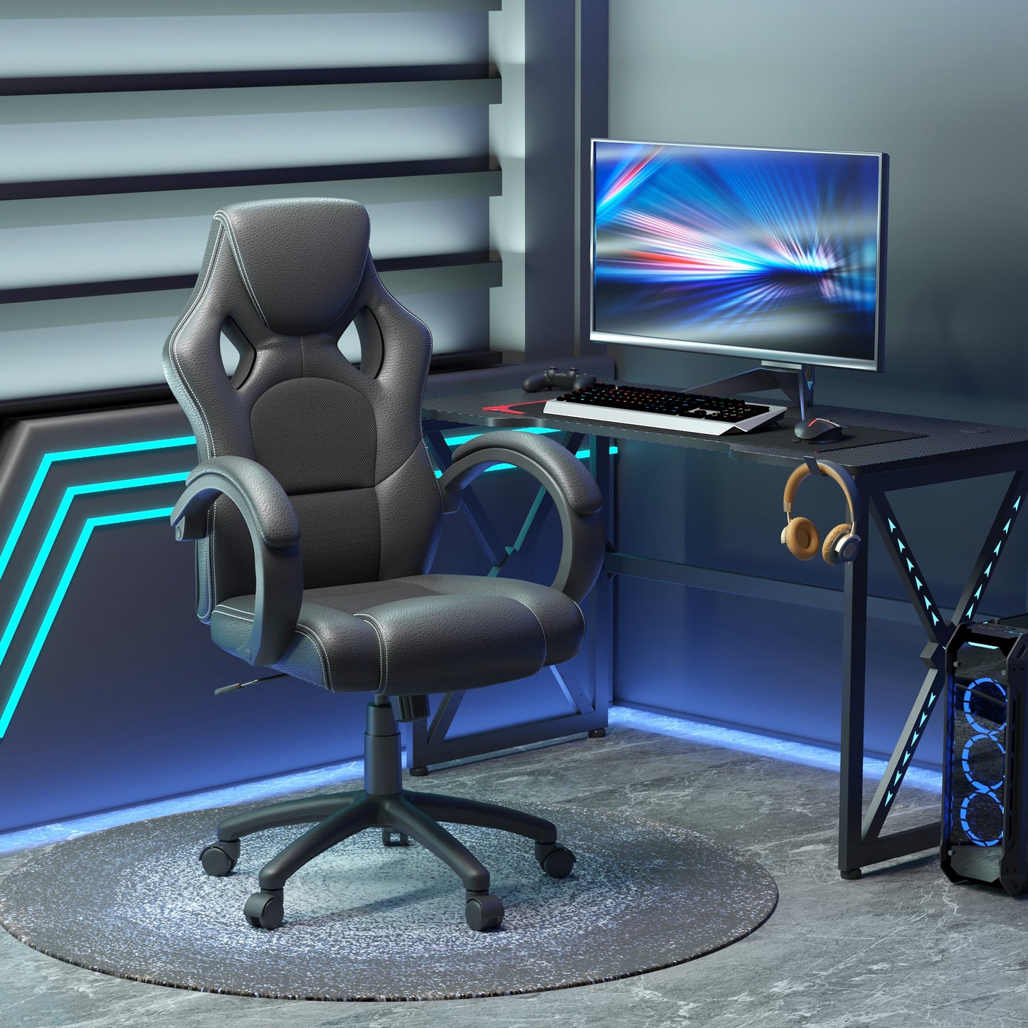 Vinsetto High-Back Gaming Chair Faux Leather Swivel Computer Racing Gamer Desk Chair for Home Office with Wheels, Black