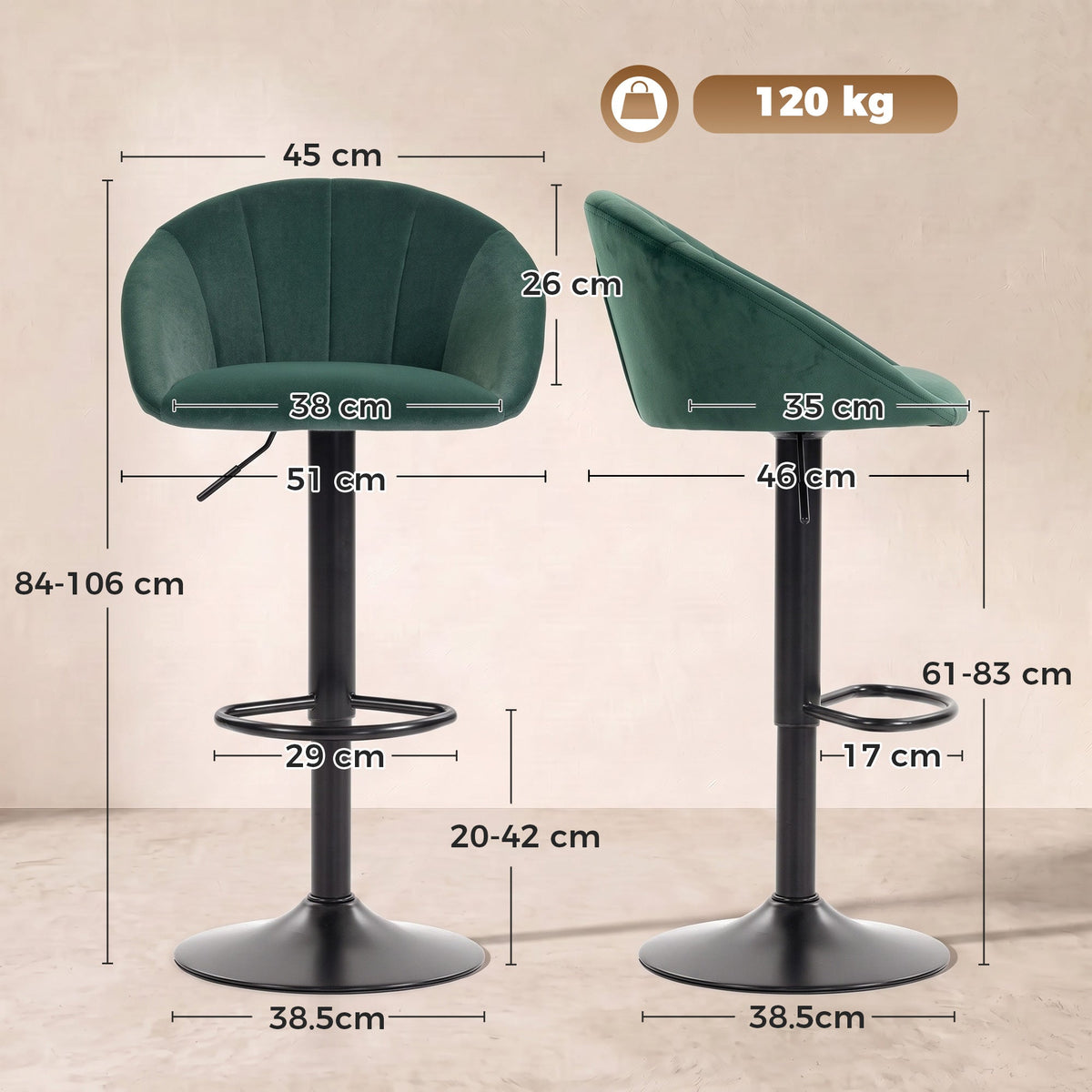 Breakfast Bar Stools Set of 2, Modern Velvet-Feel Swivel BarStools, Adjustable Counter Height Bar Chairs with Backrest and Footrest for Kitchen Island, Dining Room, Bar, Dark Green