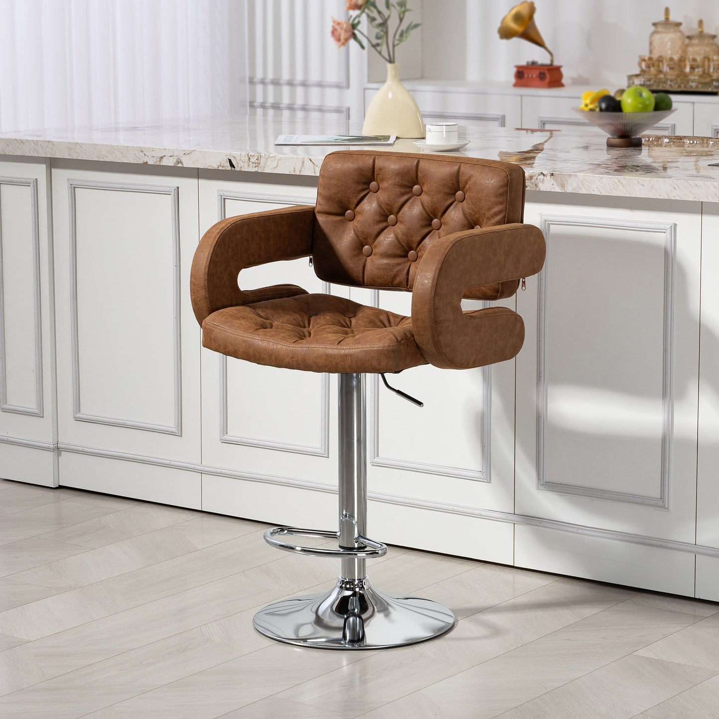 Swivel Bar Stool with Extra Large Seat, PU Leather Upholstered Adjustable Barstool with Back, Arm and Footrest, Breakfast Bar Chair for Bistro, Kitchen, Brown