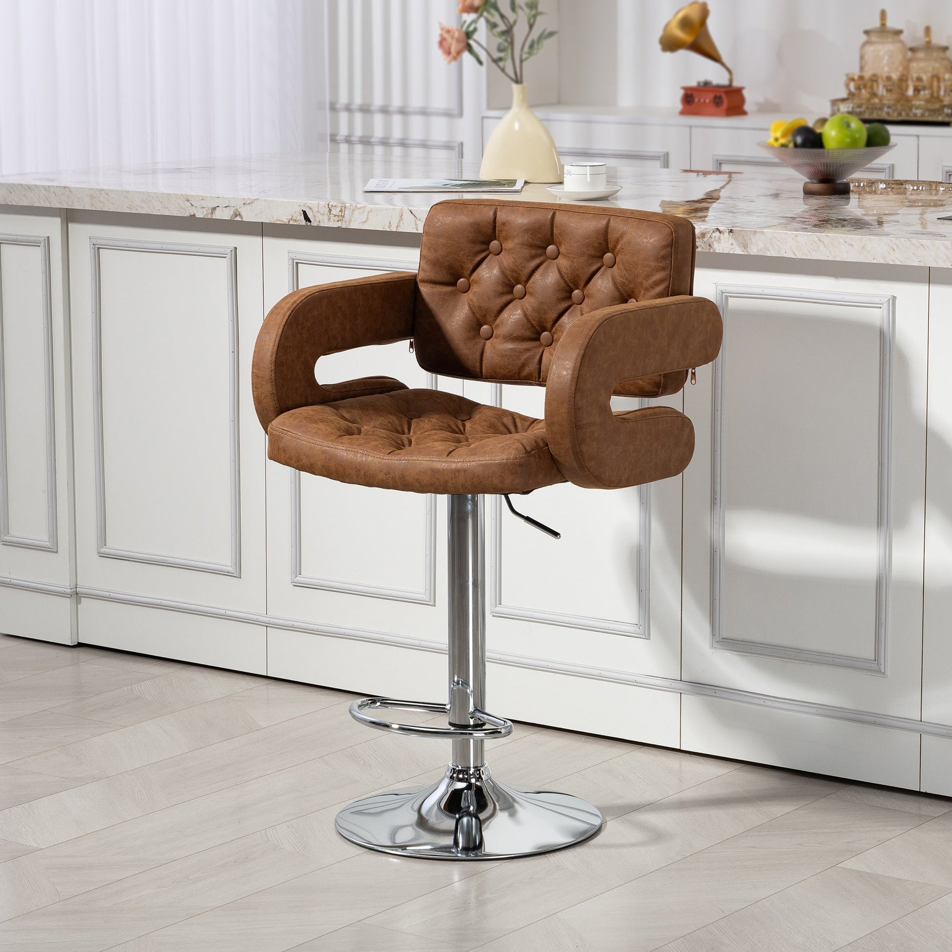 Swivel Bar Stool with Extra Large Seat, PU Leather Upholstered Adjustable Barstool with Back, Arm and Footrest, Breakfast Bar Chair for Bistro, Kitchen, Brown