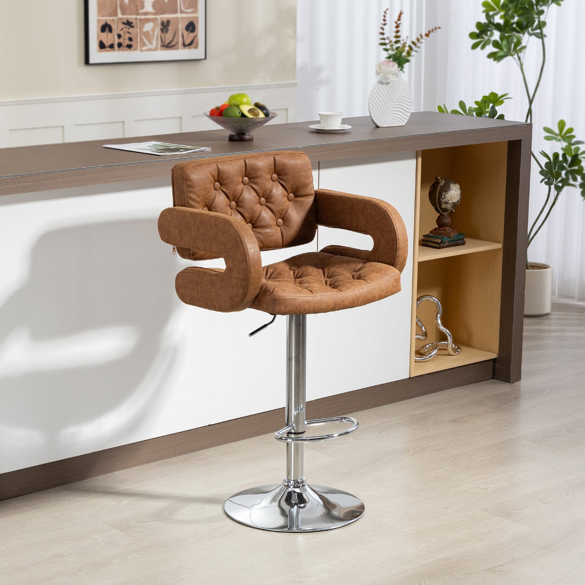 Swivel Bar Stool with Extra Large Seat, PU Leather Upholstered Adjustable Barstool with Back, Arm and Footrest, Breakfast Bar Chair for Bistro, Kitchen, Brown