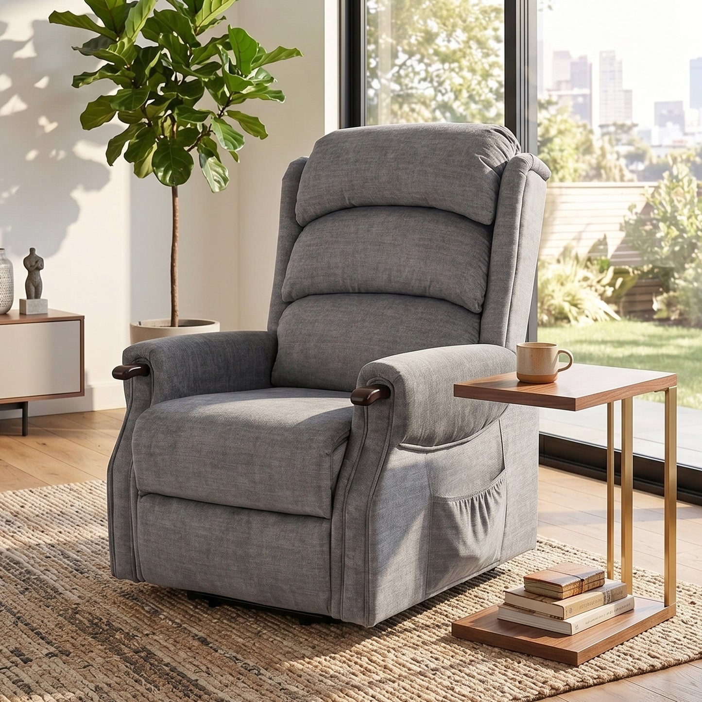 Power Lift Recliner Chair with Vibration Massage and Heat, Electric Lift Chair with Wood Grip, Pocket Spring, Fabric Riser and Reclining Armchair with Remote, Quick Assembly, Light Grey