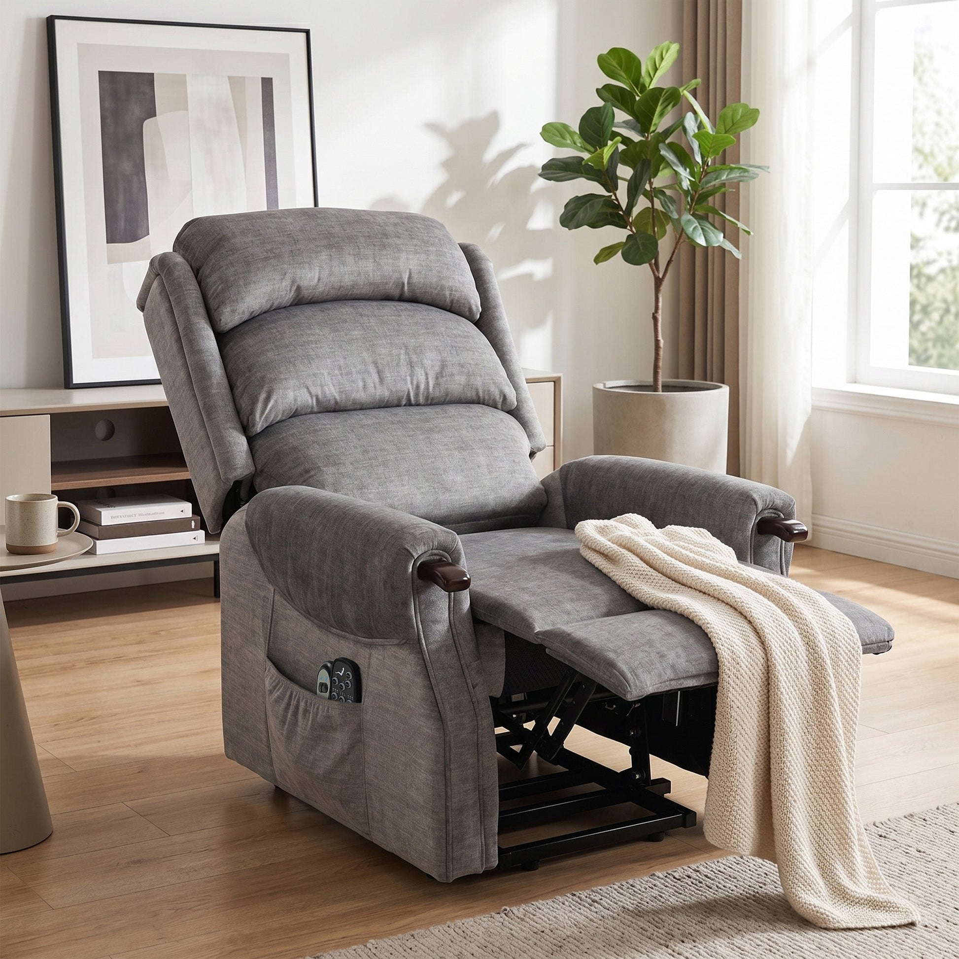 Power Lift Recliner Chair with Vibration Massage and Heat, Electric Lift Chair with Wood Grip, Pocket Spring, Fabric Riser and Reclining Armchair with Remote, Quick Assembly, Light Grey