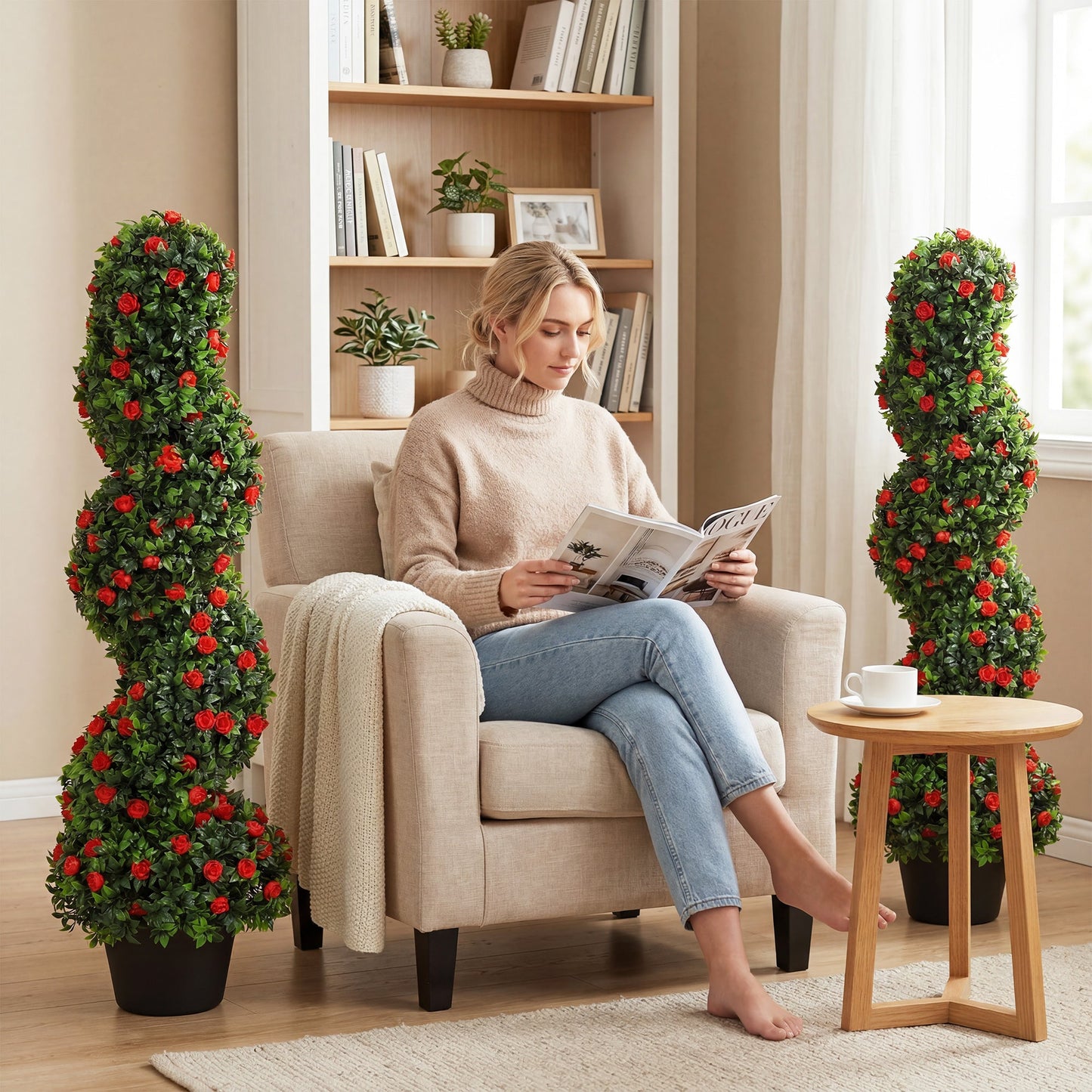Set of 2 Artificial Rose Spiral Topiary Tree, Indoor Outdoor Artificial Plants with 630 Leaves and 133 Roses, Fake Plants for Home Office Living Room Decor, 90cm, Red
