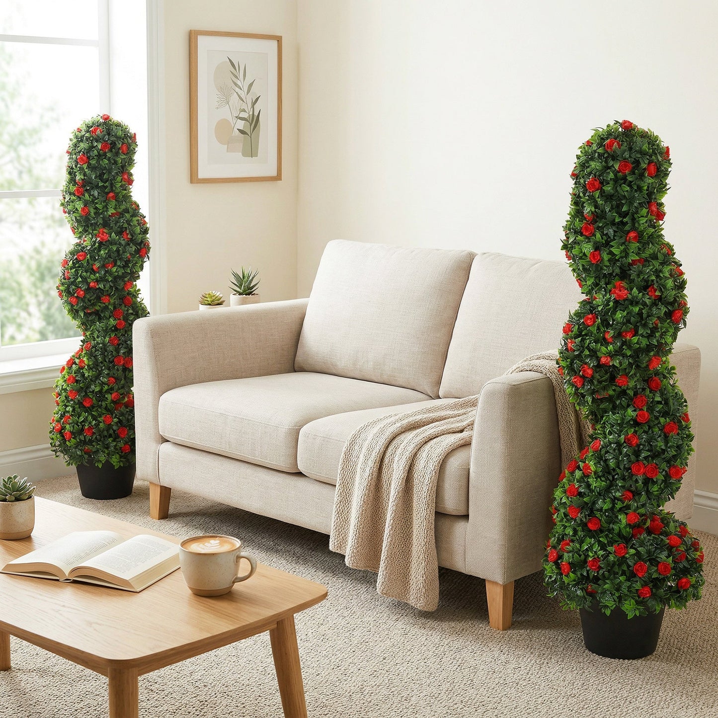Set of 2 Artificial Rose Spiral Topiary Tree, Indoor Outdoor Artificial Plants with 630 Leaves and 133 Roses, Fake Plants for Home Office Living Room Decor, 90cm, Red