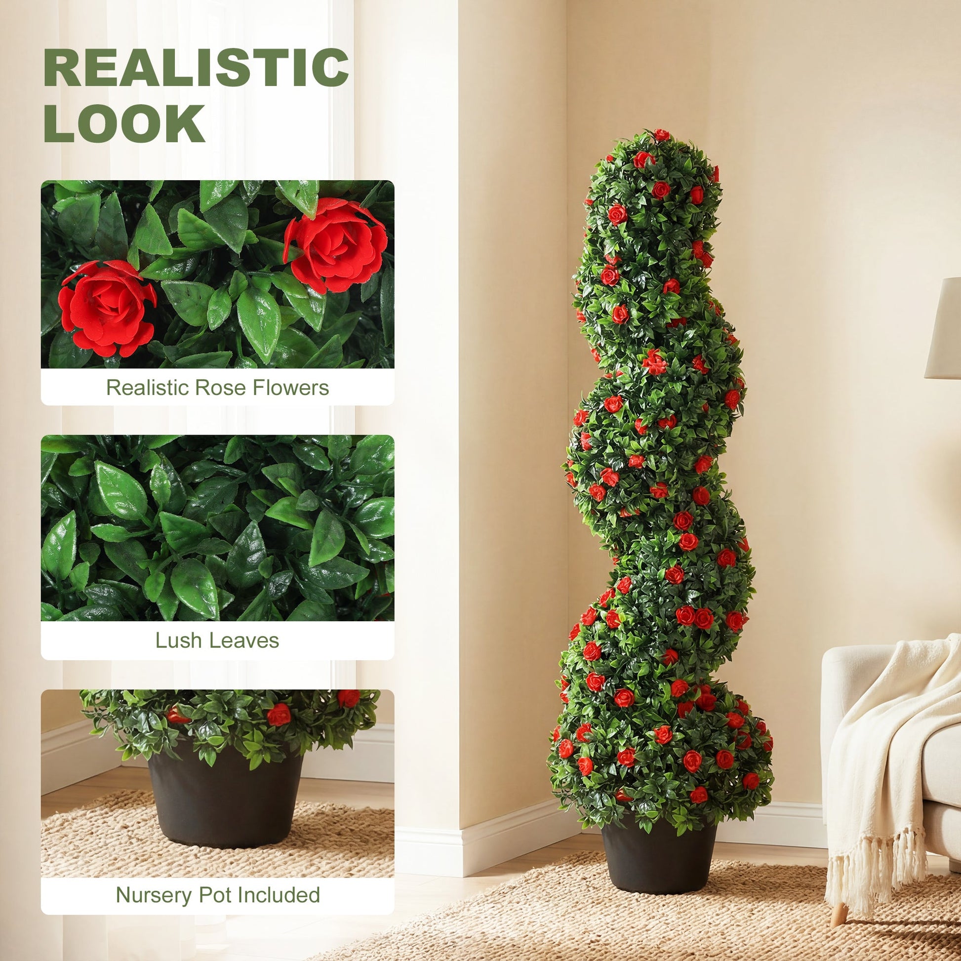 Set of 2 Artificial Rose Spiral Topiary Tree, Indoor Outdoor Artificial Plants with 630 Leaves and 133 Roses, Fake Plants for Home Office Living Room Decor, 90cm, Red