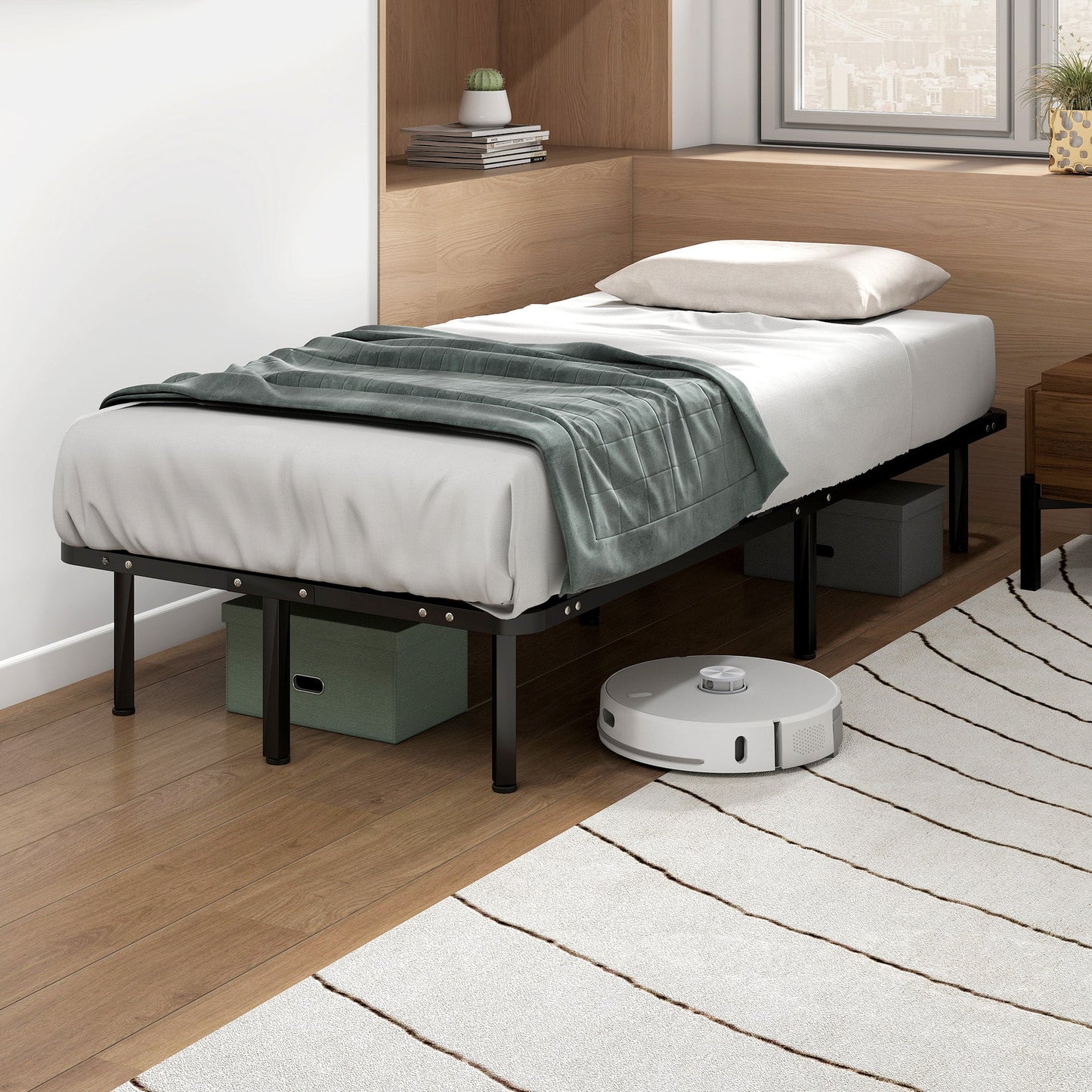 3ft Single Bed Frame, Metal Platform Bed Frame with 2 x 14 Wood Slats, No Box Spring Needed, Underbed Storage, Easy to Assemble, Black