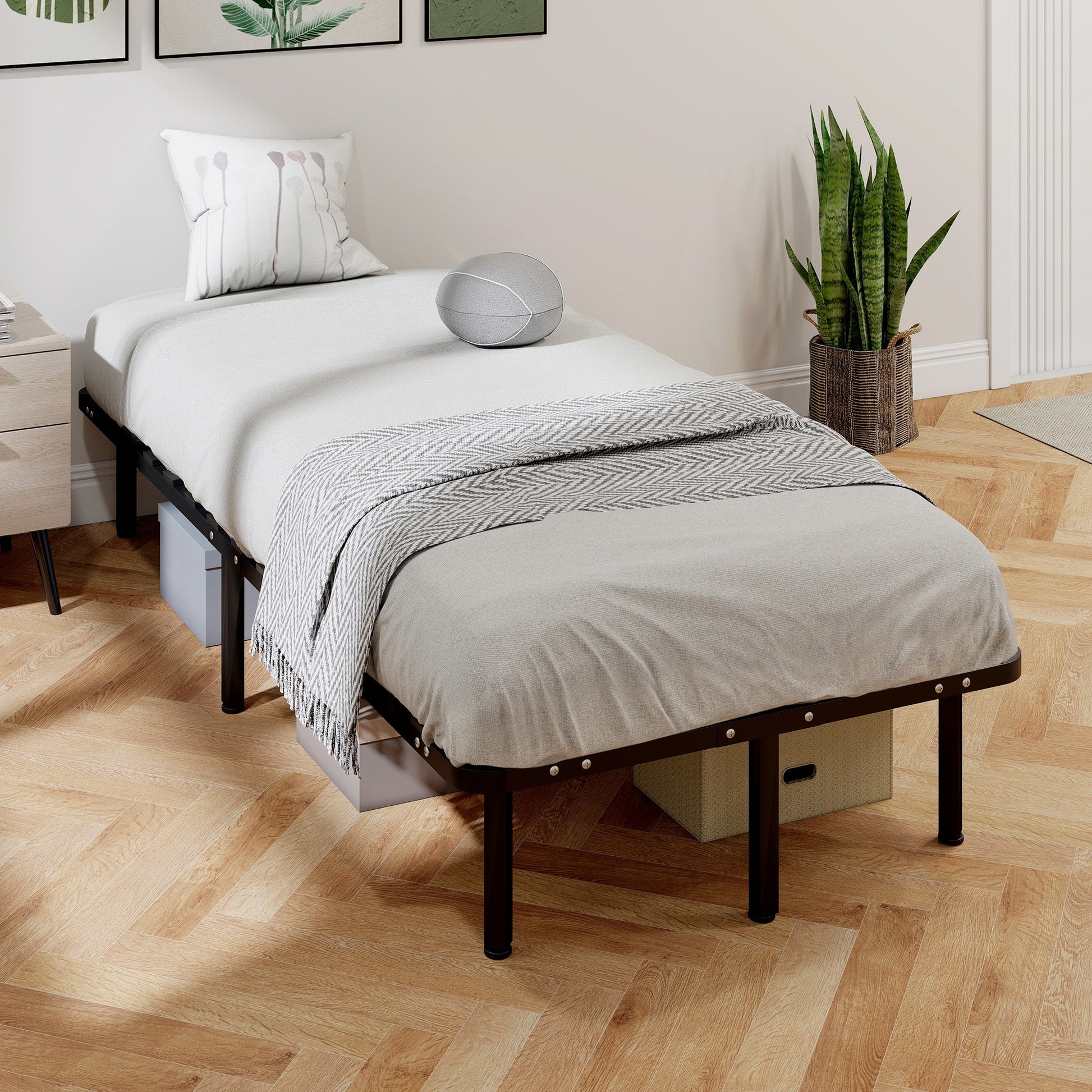3ft Single Bed Frame, Metal Platform Bed Frame with 2 x 14 Wood Slats, No Box Spring Needed, Underbed Storage, Easy to Assemble, Black
