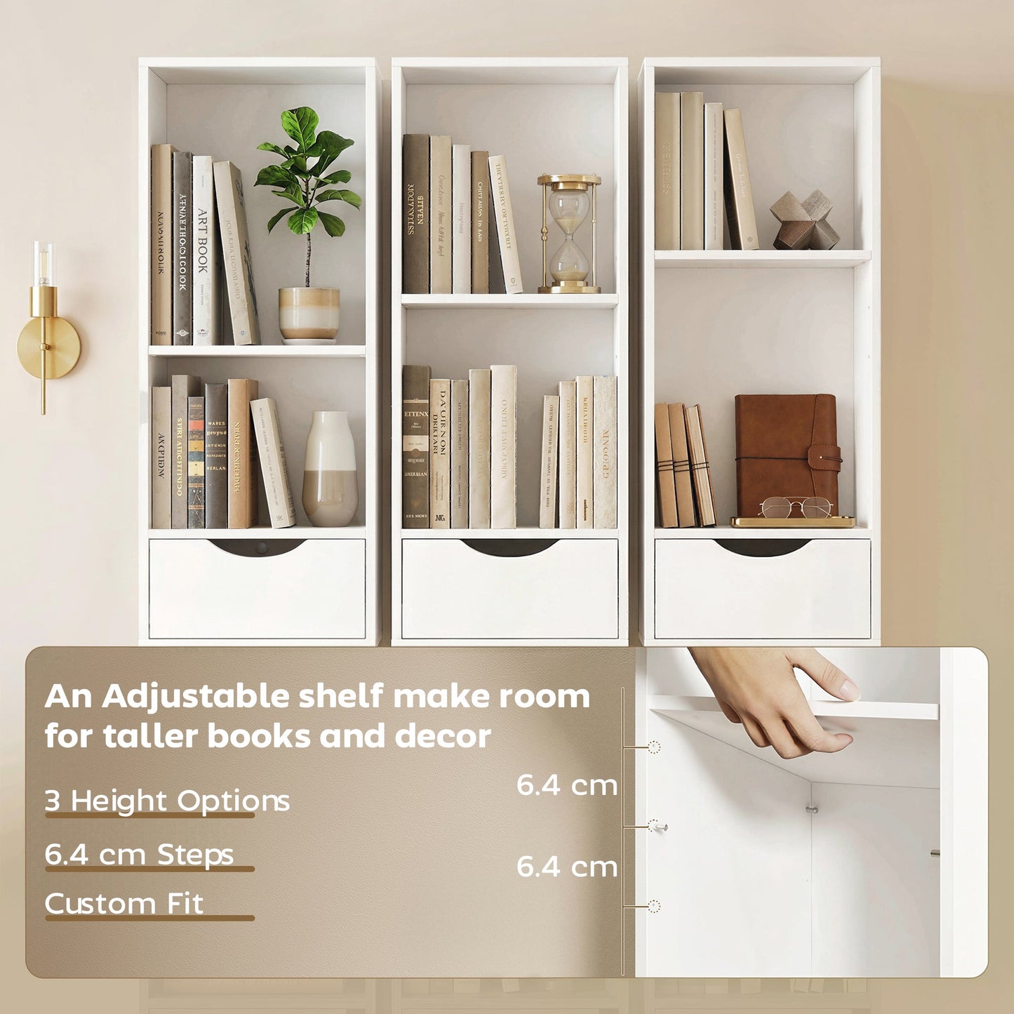 158 cm Bookcase with Drawers, 3-Tier Bookshelf, Slim Storage Cabinet with Doors, Adjustable Shelf for Living Room, Bedroom, Home Office, White