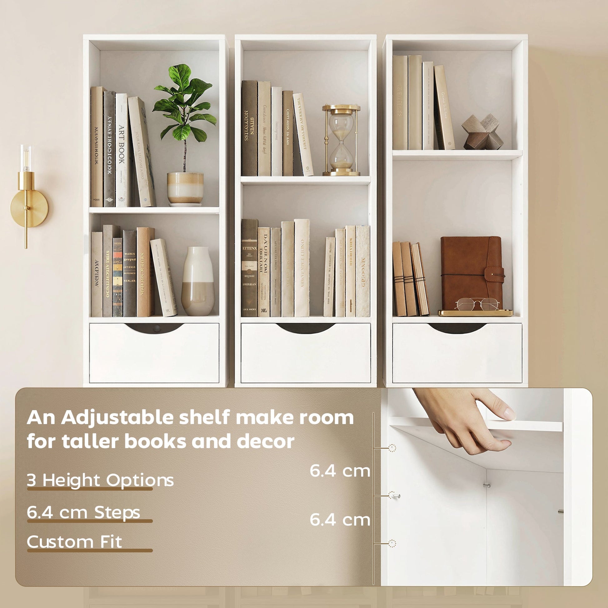 158 cm Bookcase with Drawers, 3-Tier Bookshelf, Slim Storage Cabinet with Doors, Adjustable Shelf for Living Room, Bedroom, Home Office, White