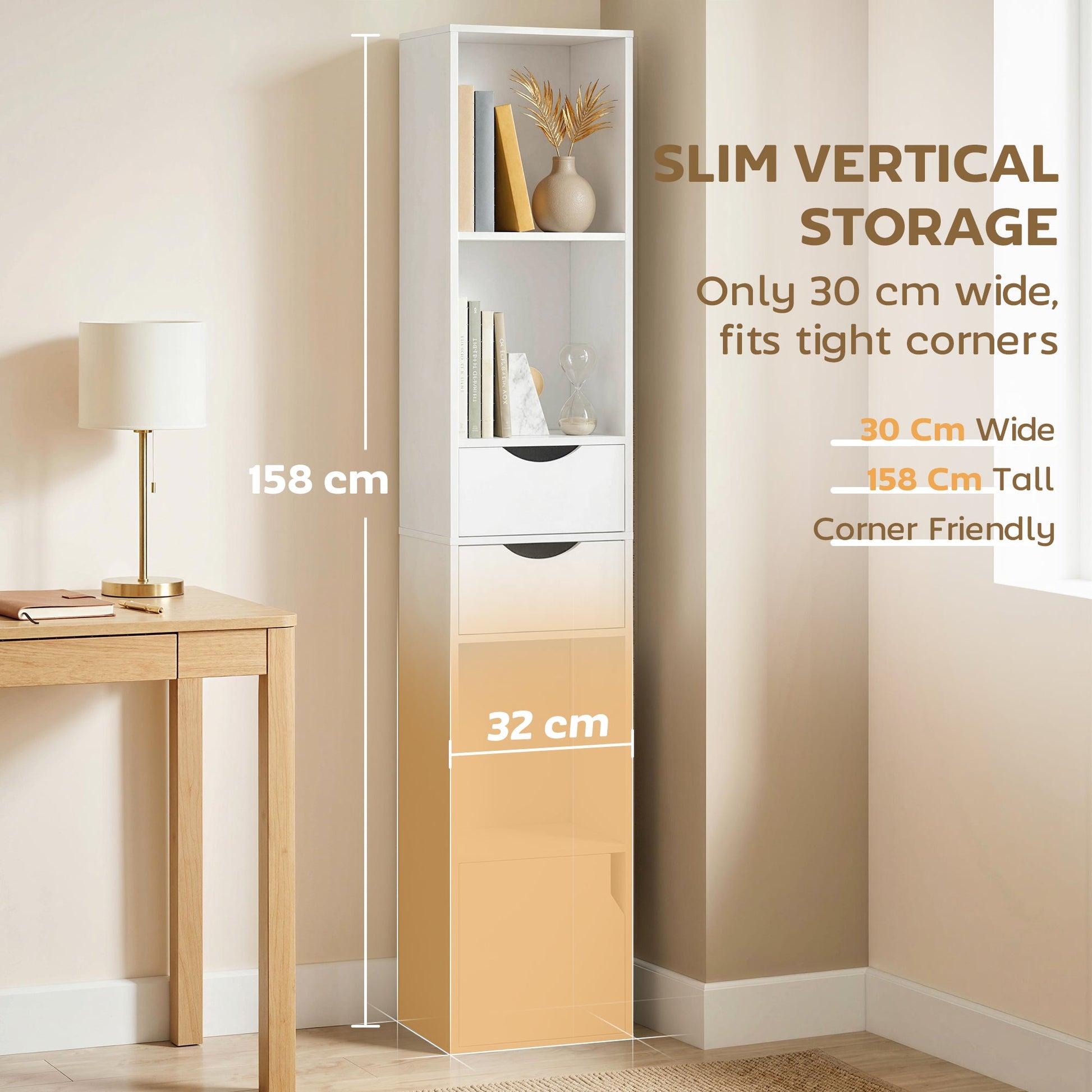 158 cm Bookcase with Drawers, 3-Tier Bookshelf, Slim Storage Cabinet with Doors, Adjustable Shelf for Living Room, Bedroom, Home Office, White