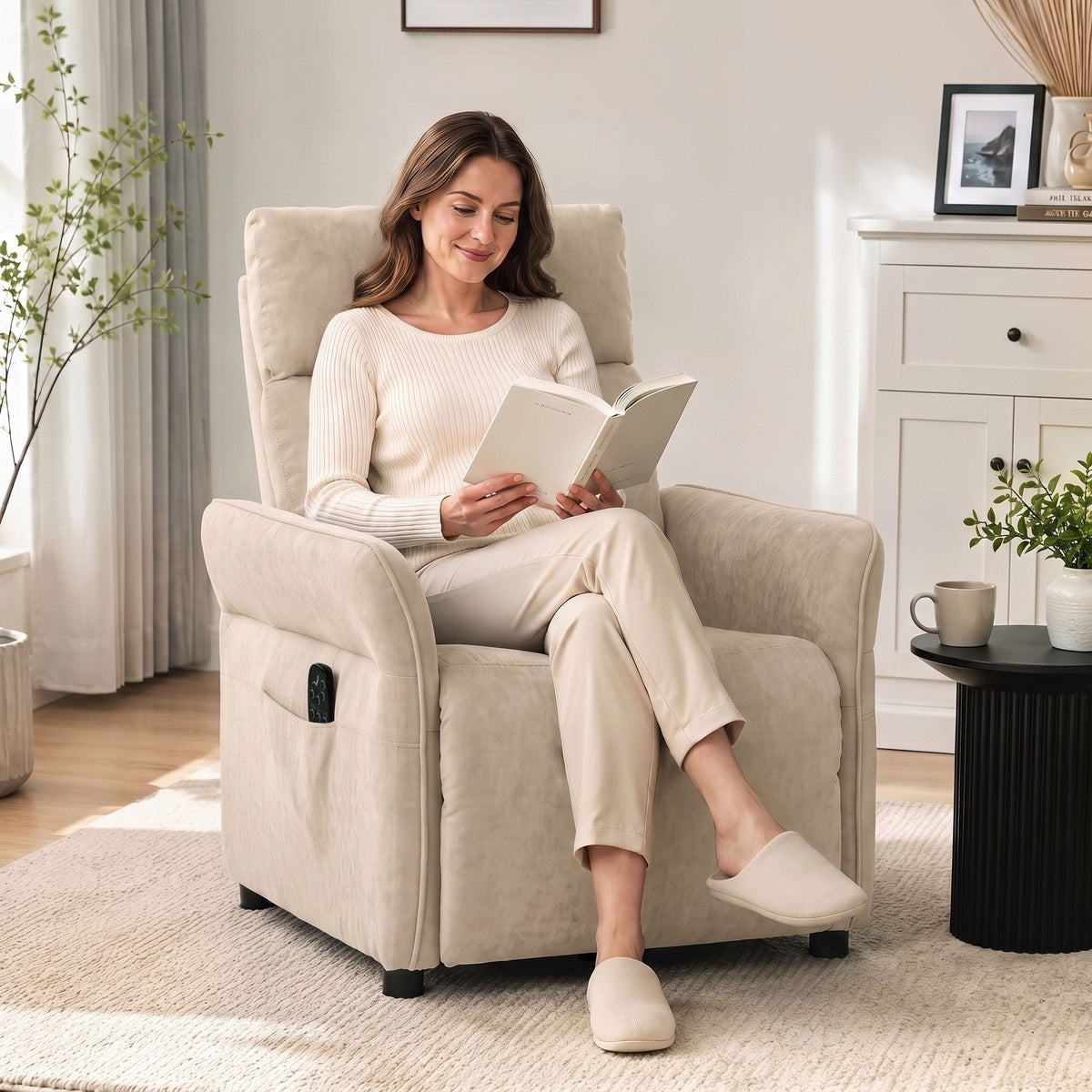 Recliner Armchair, Push Back Recliner Chair w/ Massage & Heat, Adjustable Armrests, Spring Seat, Terry Cloth Manual Reclining Single Sofa w/ Footrest, Side Pockets for Home Living Room, Beige