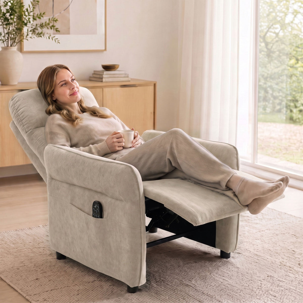 Recliner Armchair, Push Back Recliner Chair w/ Massage & Heat, Adjustable Armrests, Spring Seat, Terry Cloth Manual Reclining Single Sofa w/ Footrest, Side Pockets for Home Living Room, Beige