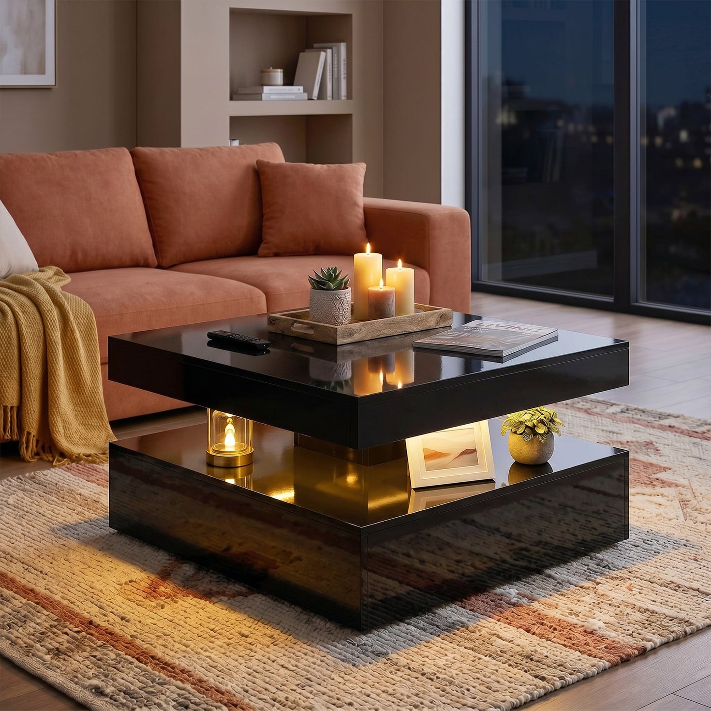 LED Coffee Table with Storage, 2-Tier Modern Centre Table with Open Shelf and Remote for Living Room, High Gloss Black