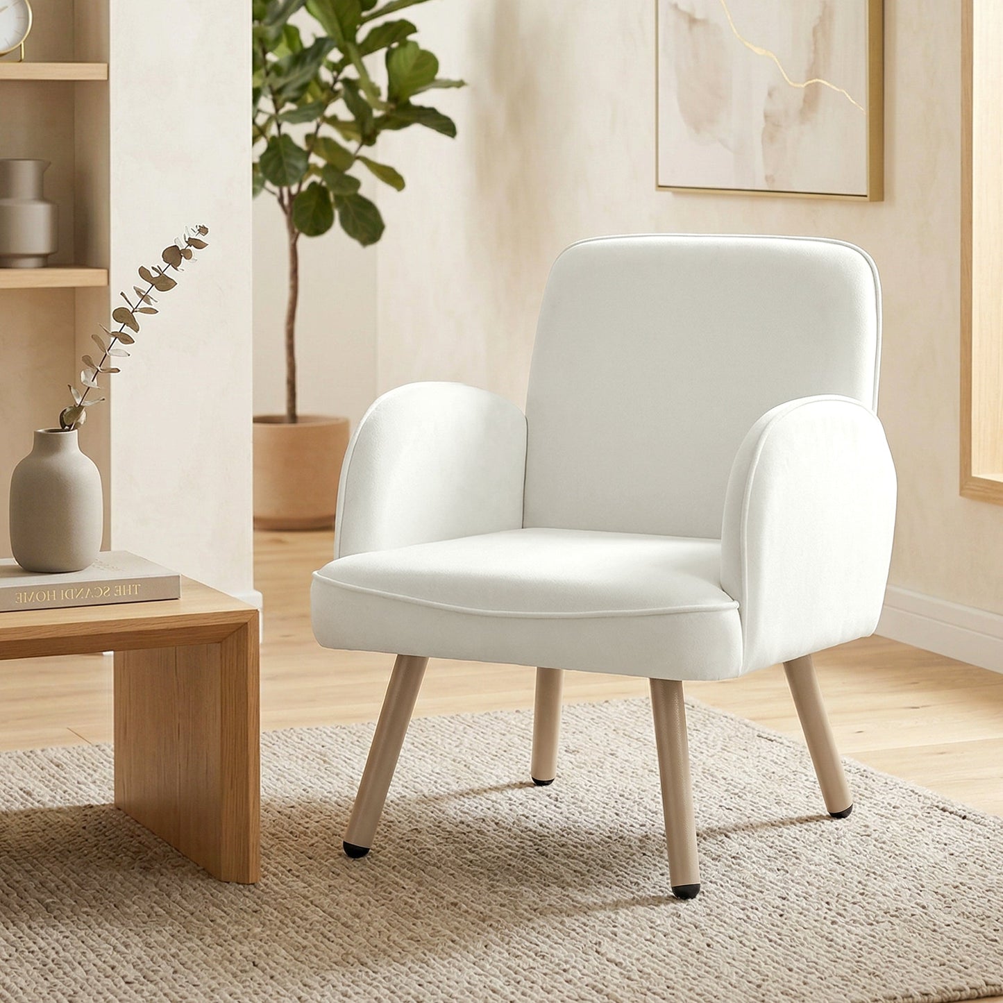 Modern Lounge Chair, Velvet Upholstered Bedroom Lounge Seat with Spring Cushion, Carbon Steel Frame, Armchair with Adjustable Feet, for Living Room, Bedroom, Study, Office, Cream White