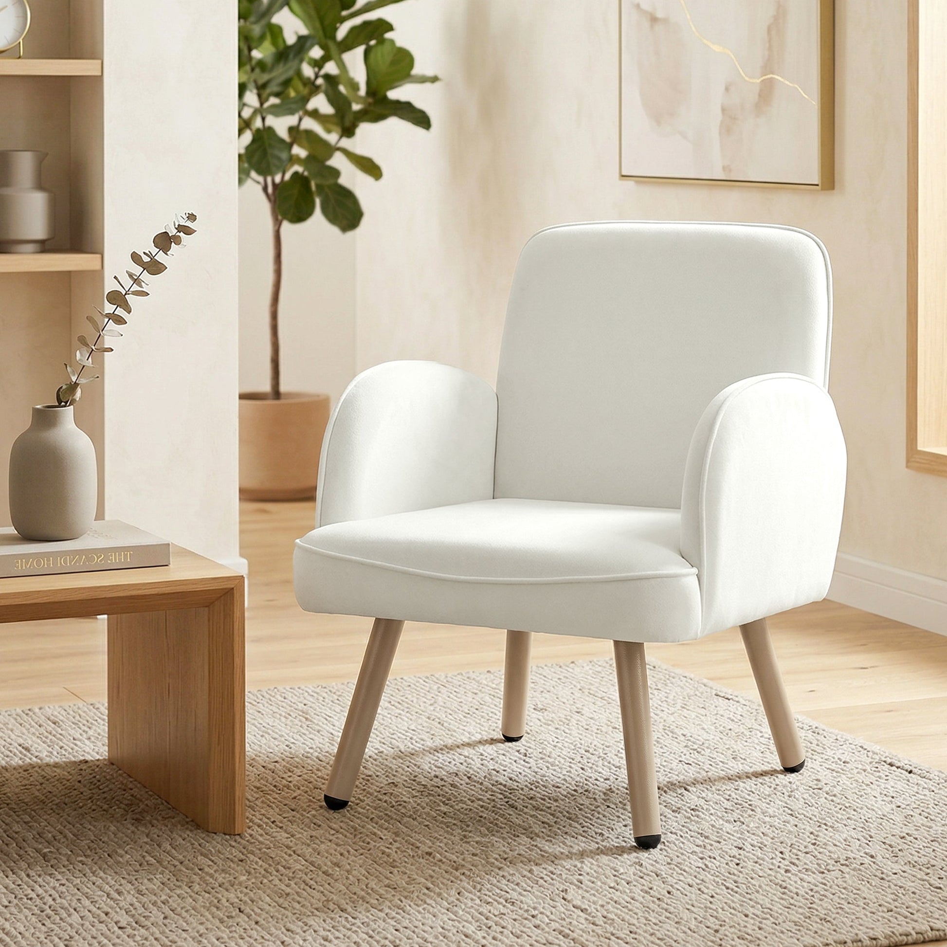 Modern Lounge Chair, Velvet Upholstered Bedroom Lounge Seat with Spring Cushion, Carbon Steel Frame, Armchair with Adjustable Feet, for Living Room, Bedroom, Study, Office, Cream White