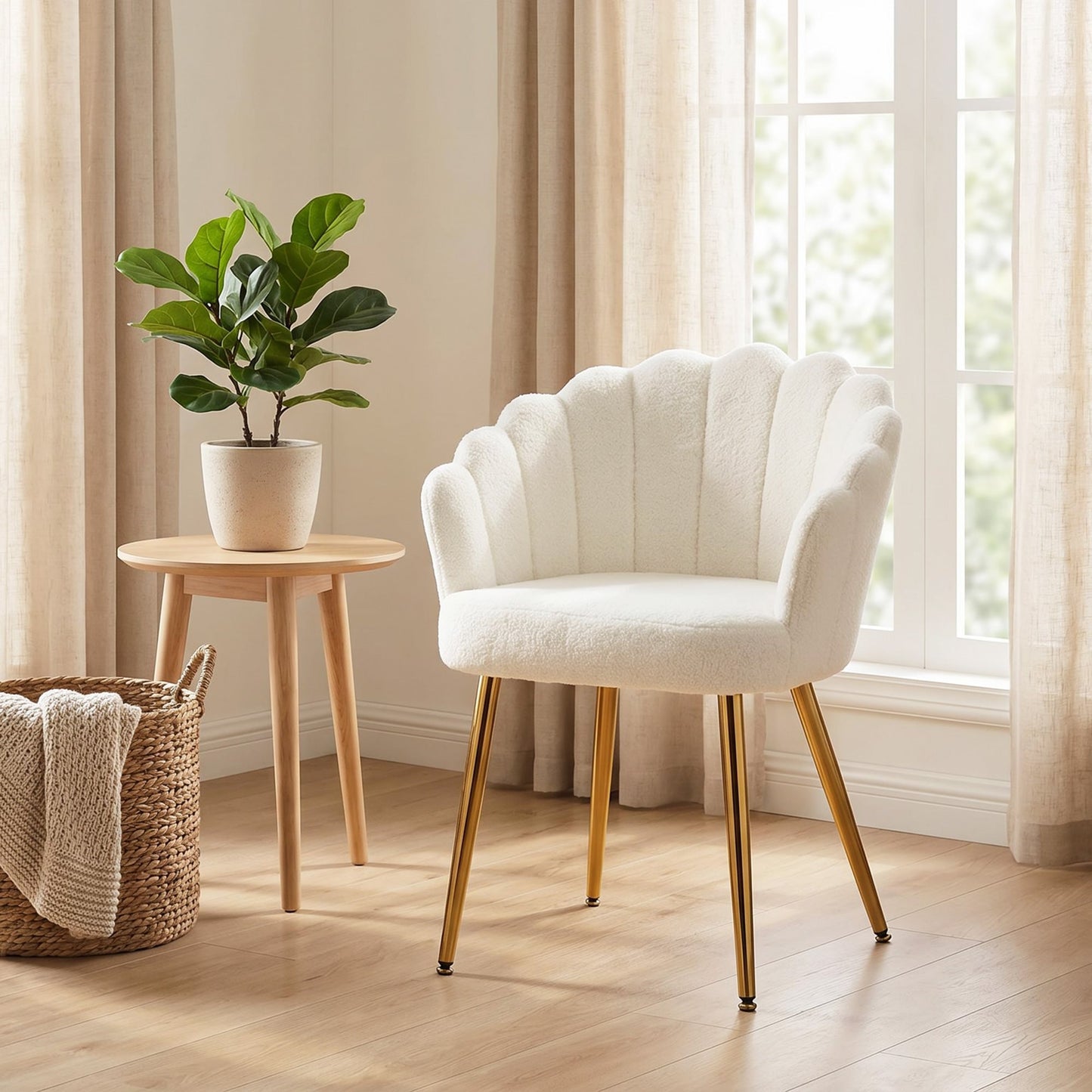 Petal-Back Lounge Chair, Faux Lamb's Wool Lounge Seat with Metal Legs and Adjustable Feet, Modern Armchair for Living Room, Bedroom, Balcony, Office, Cream