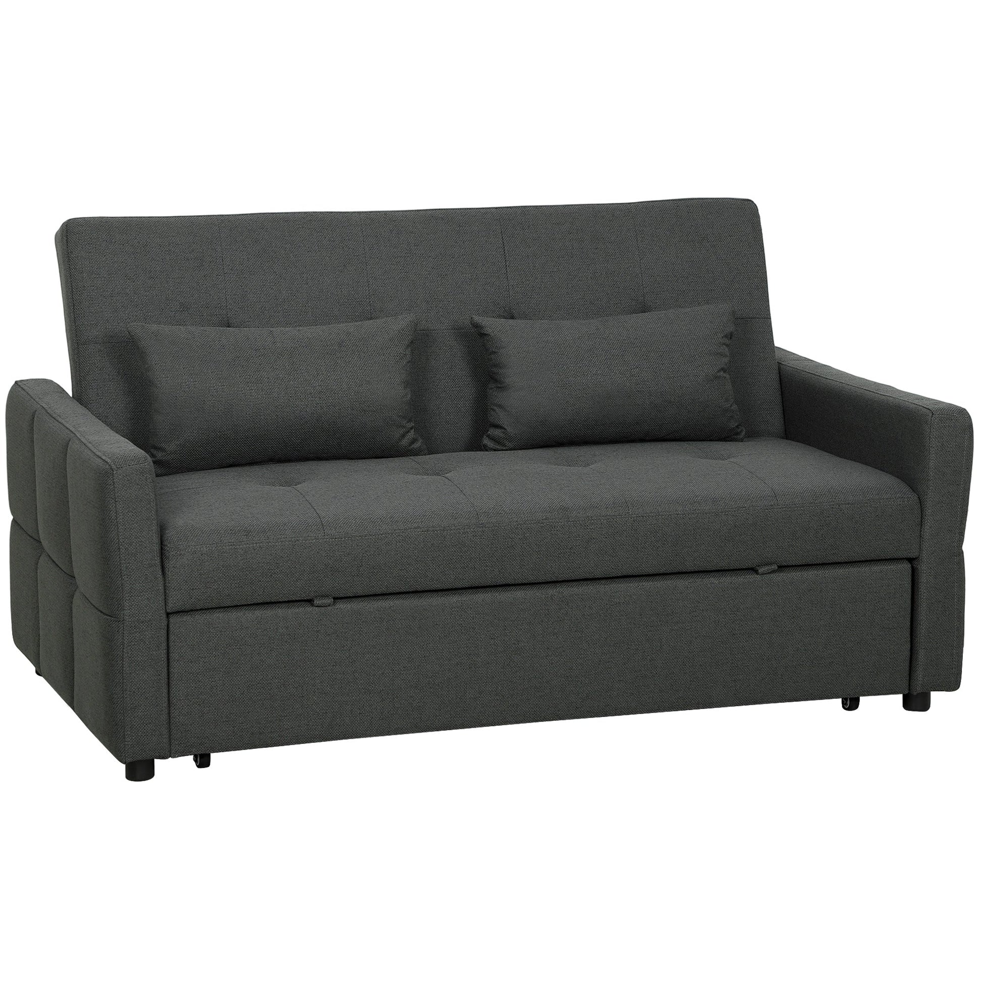 2 Seater Sofa Bed, Click Clack Sleeper Sofa with Pull Out Design, 2 Pillows, High Density Foam, Wide Seat, Linen Convertible Loveseat Bed Settee for Living Room, 137x179cm, Charcoal Grey