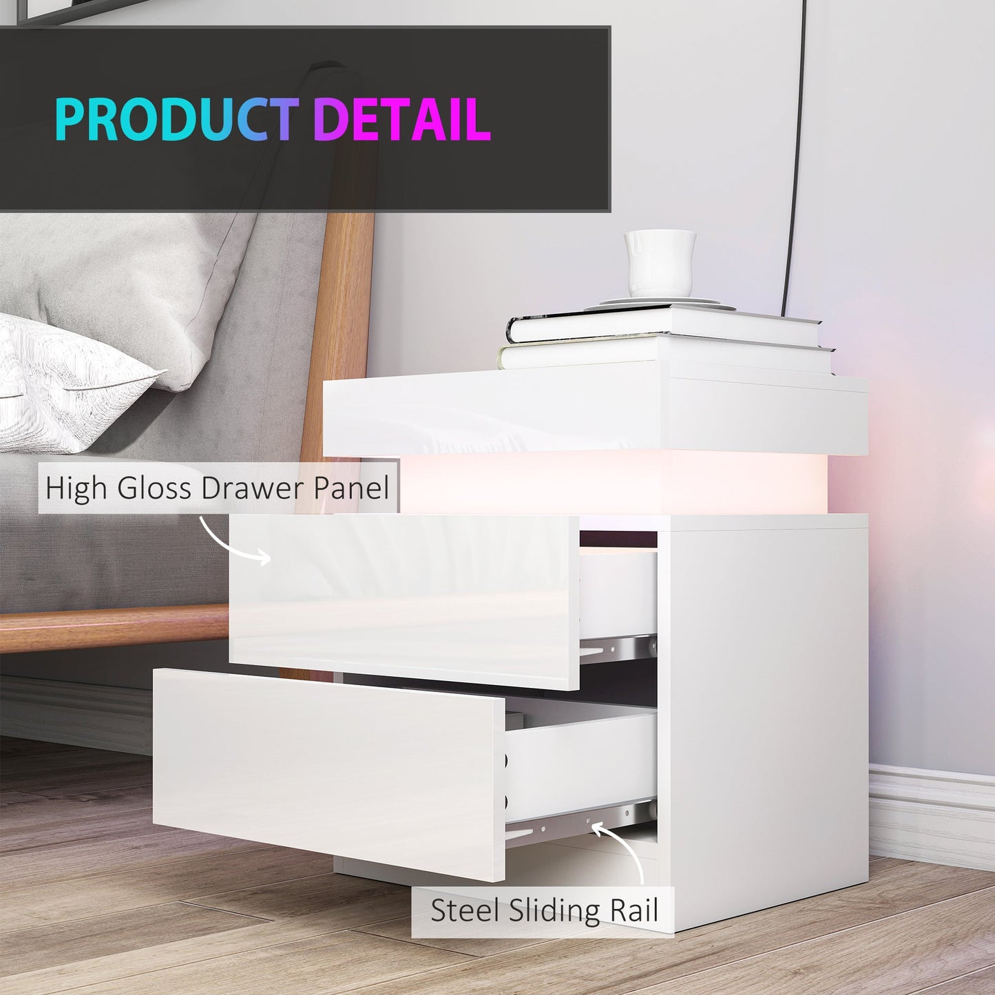 High Gloss Front Bedside Table, APP Control Nightstand with RGB LED Light and 2 Drawers, Chest of Drawers for Bedroom, Living Room, Set of 2, White