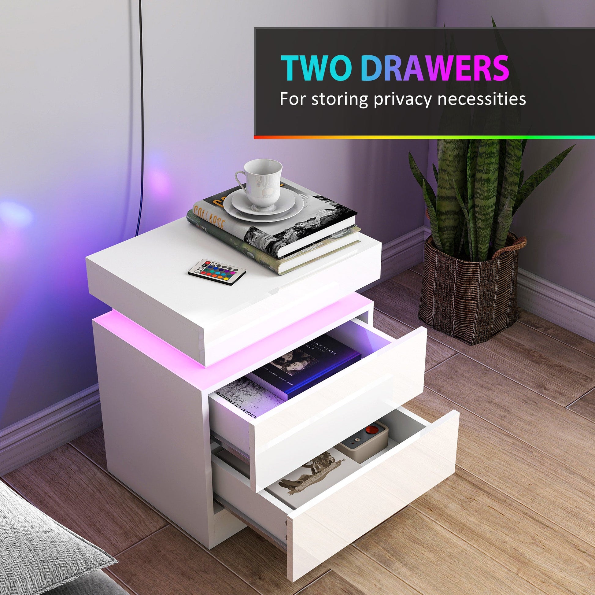 High Gloss Front Bedside Table, APP Control Nightstand with RGB LED Light and 2 Drawers, Chest of Drawers for Bedroom, Living Room, Set of 2, White