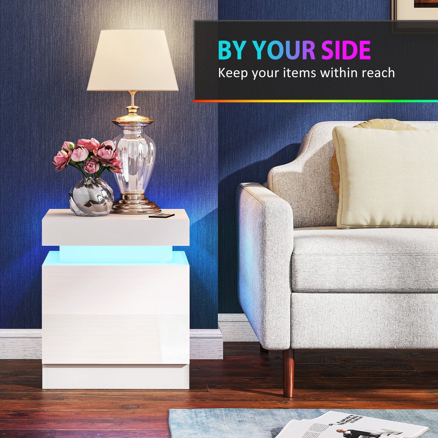High Gloss Front Bedside Table, APP Control Nightstand with RGB LED Light and 2 Drawers, Chest of Drawers for Bedroom, Living Room, Set of 2, White