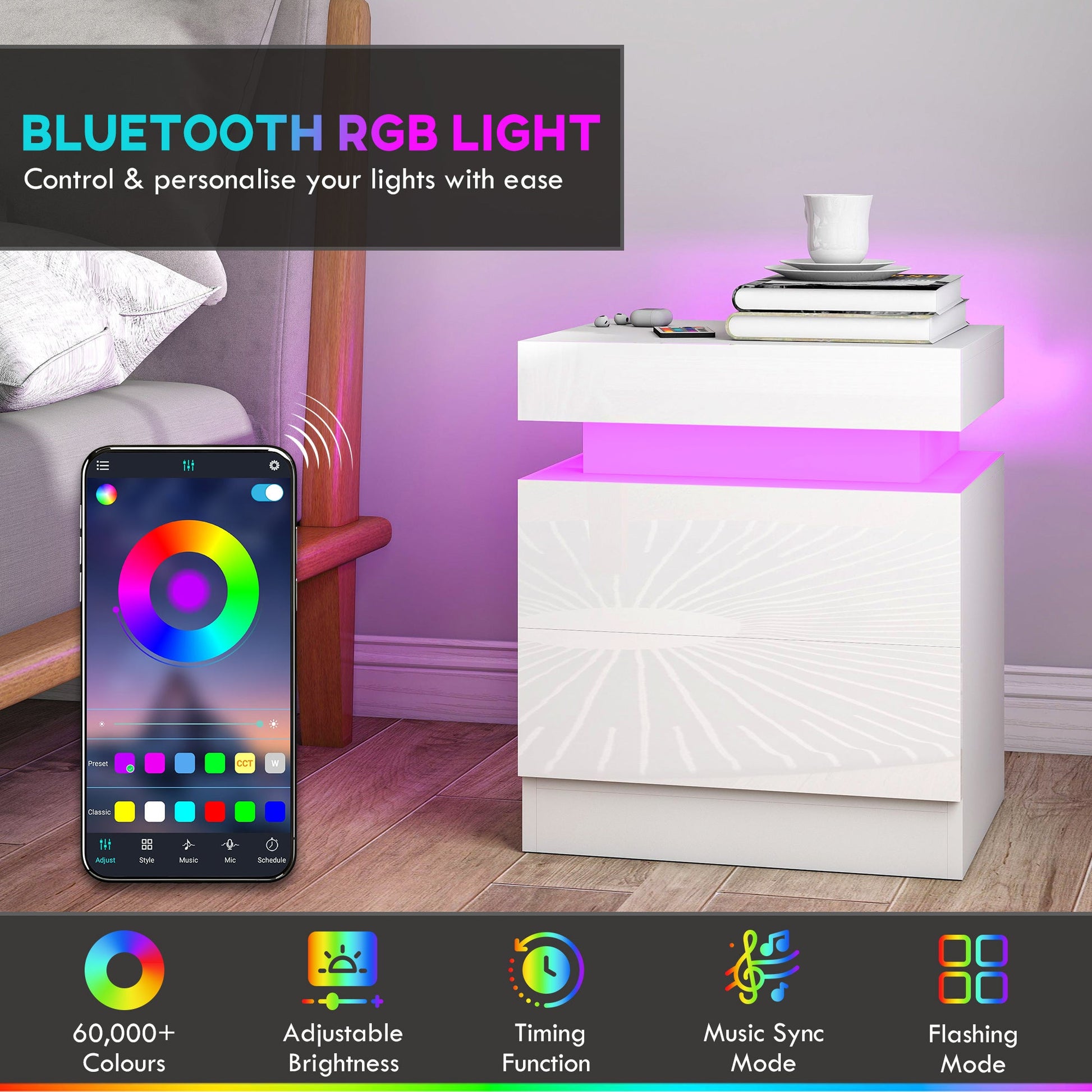 High Gloss Front Bedside Table, APP Control Nightstand with RGB LED Light and 2 Drawers, Chest of Drawers for Bedroom, Living Room, Set of 2, White