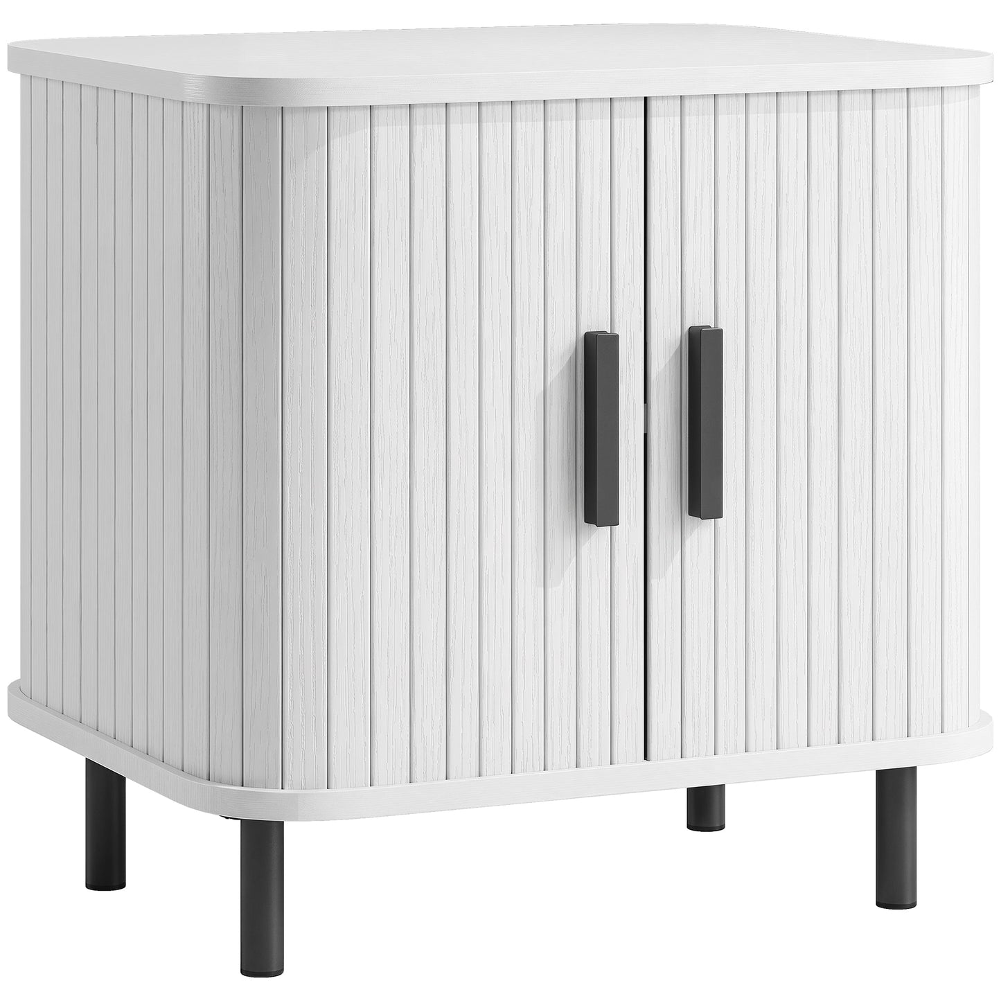Bedside Table, Nordic Side Table with Roller Shutter Style Sliding Doors and Metal Legs for Bedroom, Living Room, White Wood Effect