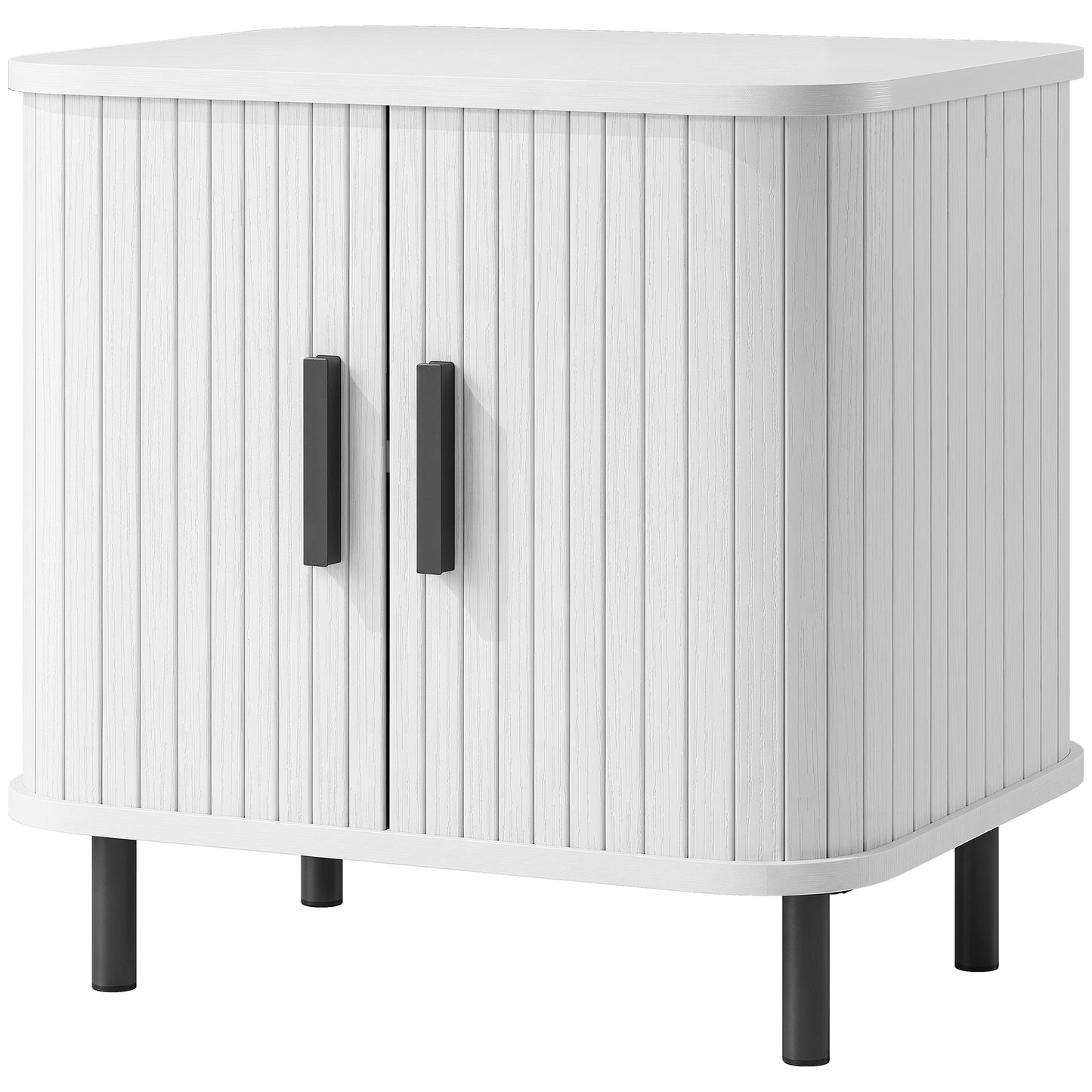 Bedside Table, Nordic Side Table with Roller Shutter Style Sliding Doors and Metal Legs for Bedroom, Living Room, White Wood Effect