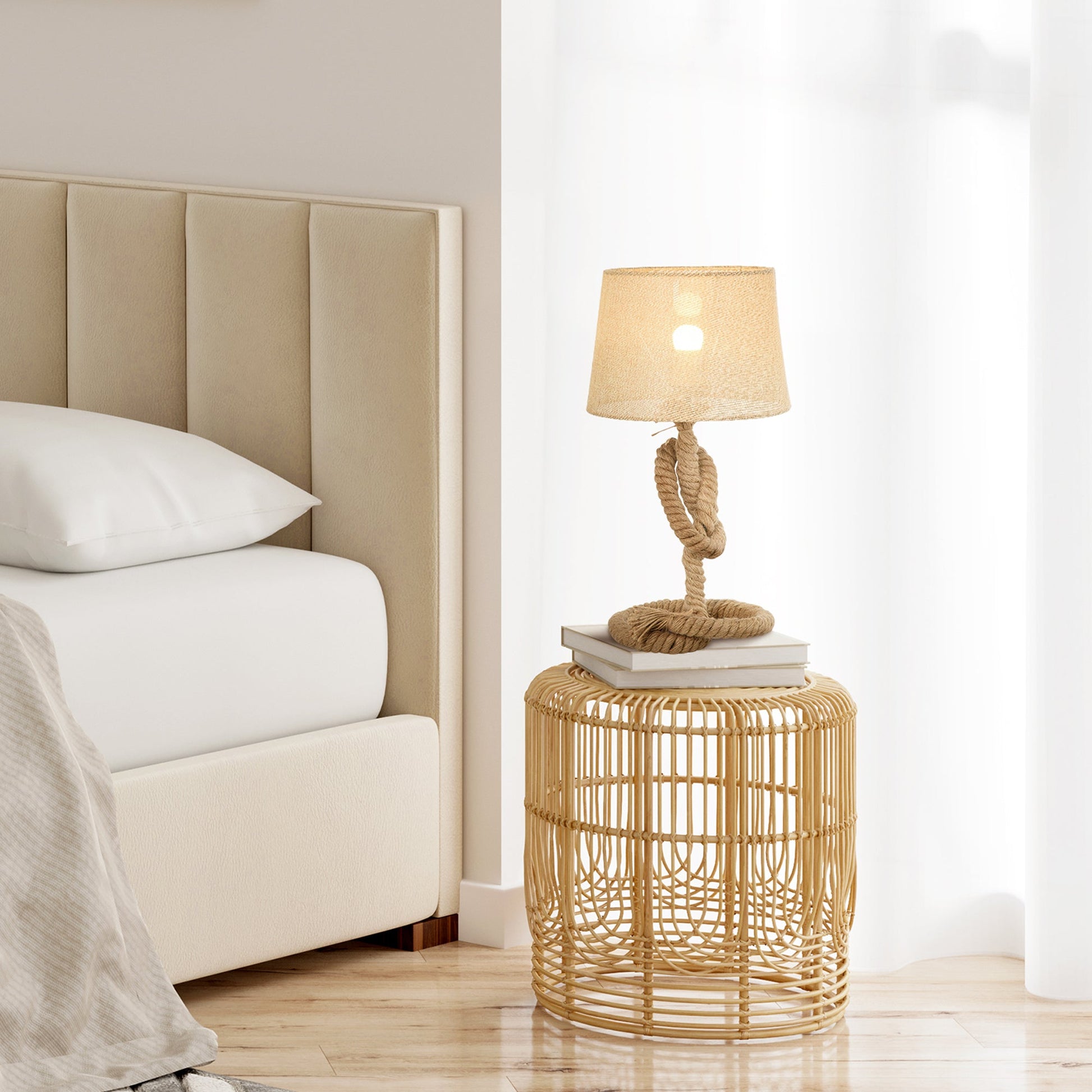 Nautical Style Table Lamp with Fabric Lampshade Metal Frame Power Switch, 48cm Home Desk Lamp Bedroom Living Room Study E27 Base, Beige