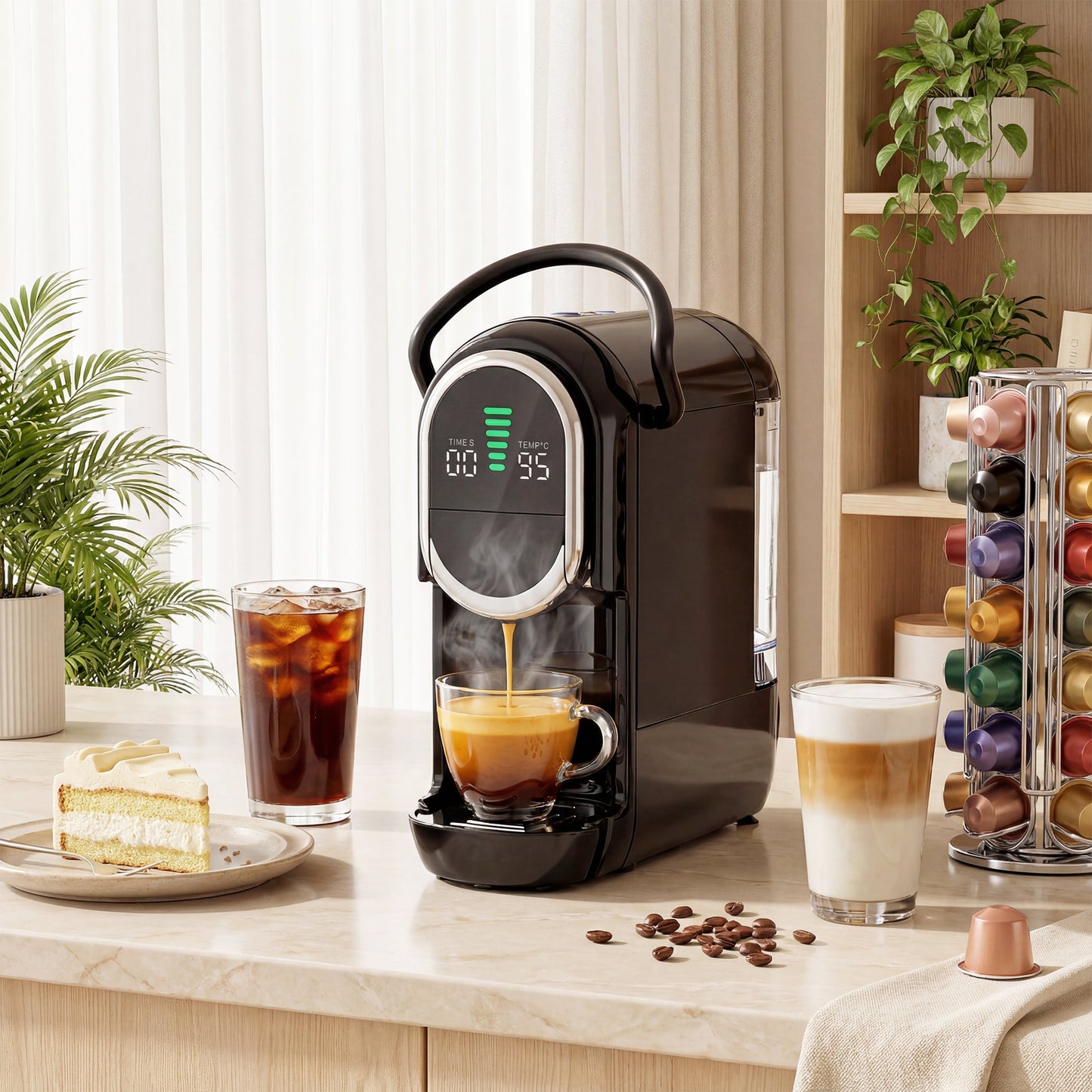 Pod Coffee Machine for Nespresso Original, Dolce Gusto Capsule and Ground Coffee, Small Semi Automatic Coffee Maker with 19 Bar Pump and 0.6L Water Tank for Home Office, Black