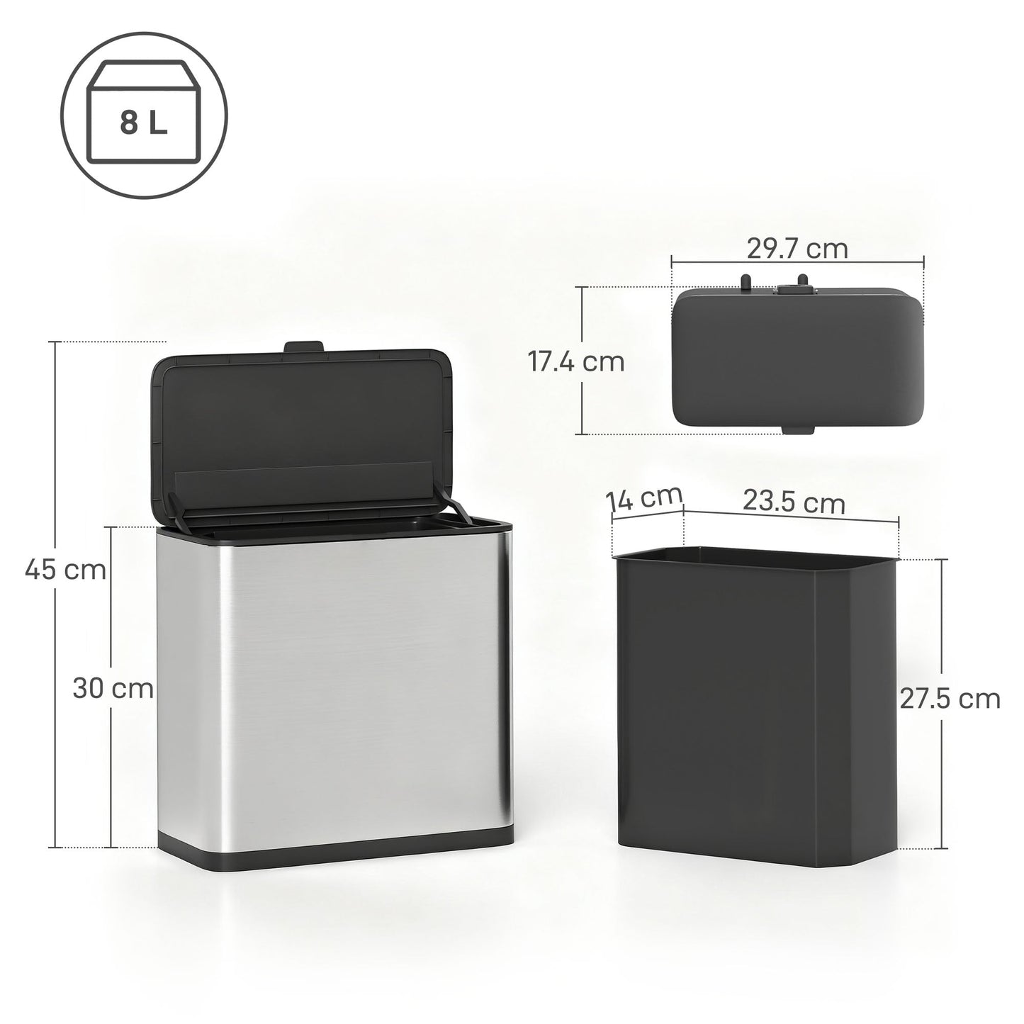 8L Hanging Kitchen Bin, Stainless Steel Rubbish bin with Press-to-Open and Stay-Open Lid, Removable Inner Bucket for Kitchen Cabinet Door, Under Sink, Bedroom, Office, Silver Tone