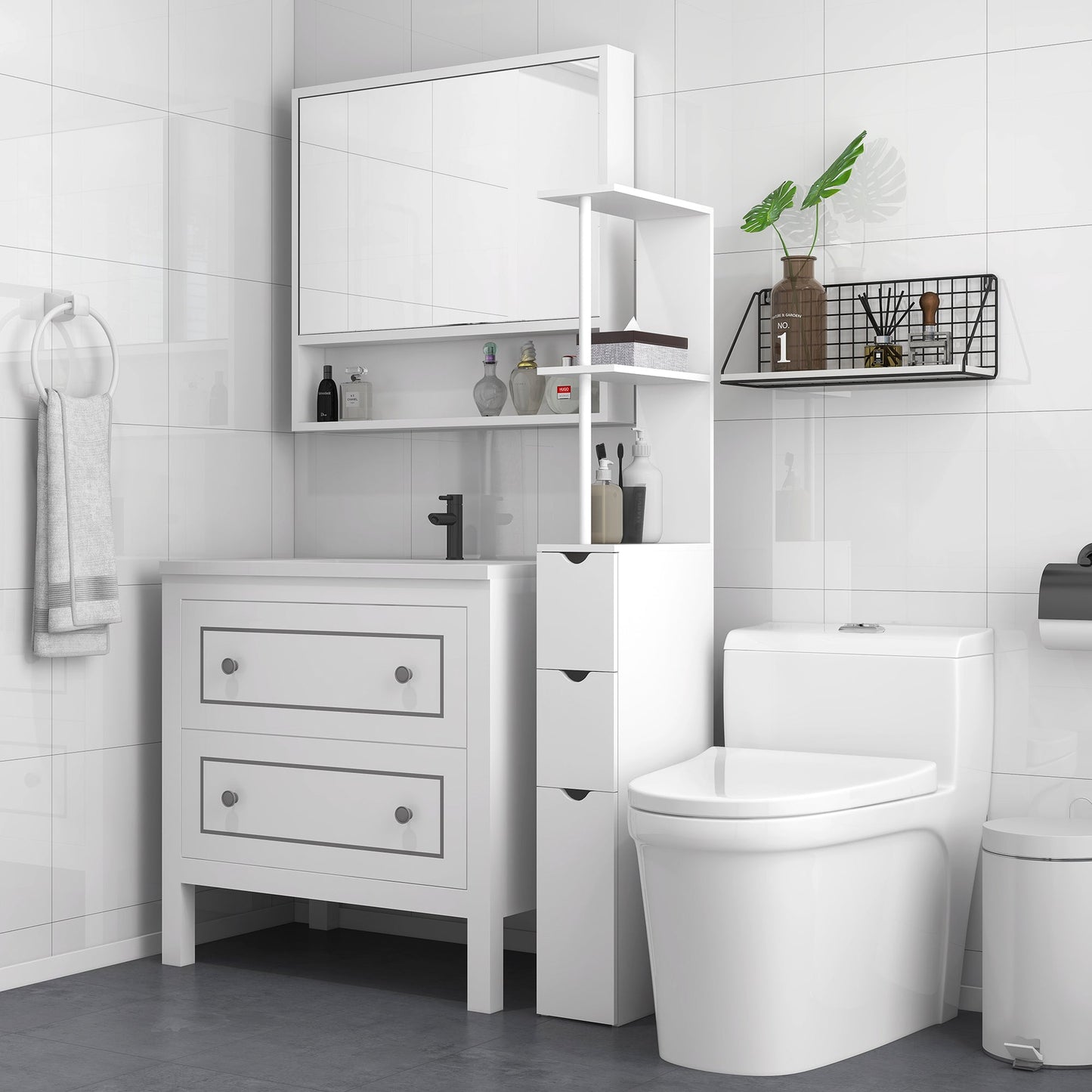 HOMCOM Tall Bathroom Cabinet, Freestanding Bathroom Storage Cabinet with 2-Tier Shelf and Drawers, Narrow Cupboard Storage Unit, White