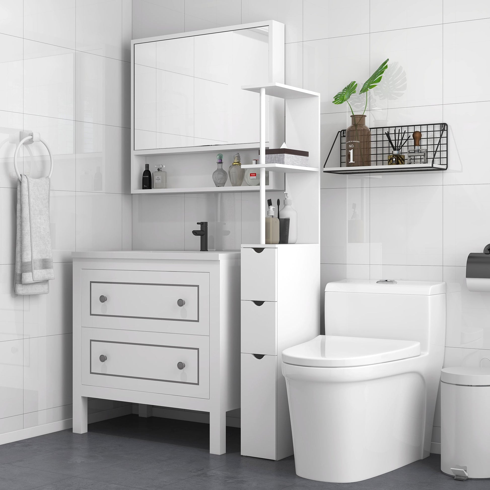 HOMCOM Tall Bathroom Cabinet, Freestanding Bathroom Storage Cabinet with 2-Tier Shelf and Drawers, Narrow Cupboard Storage Unit, White